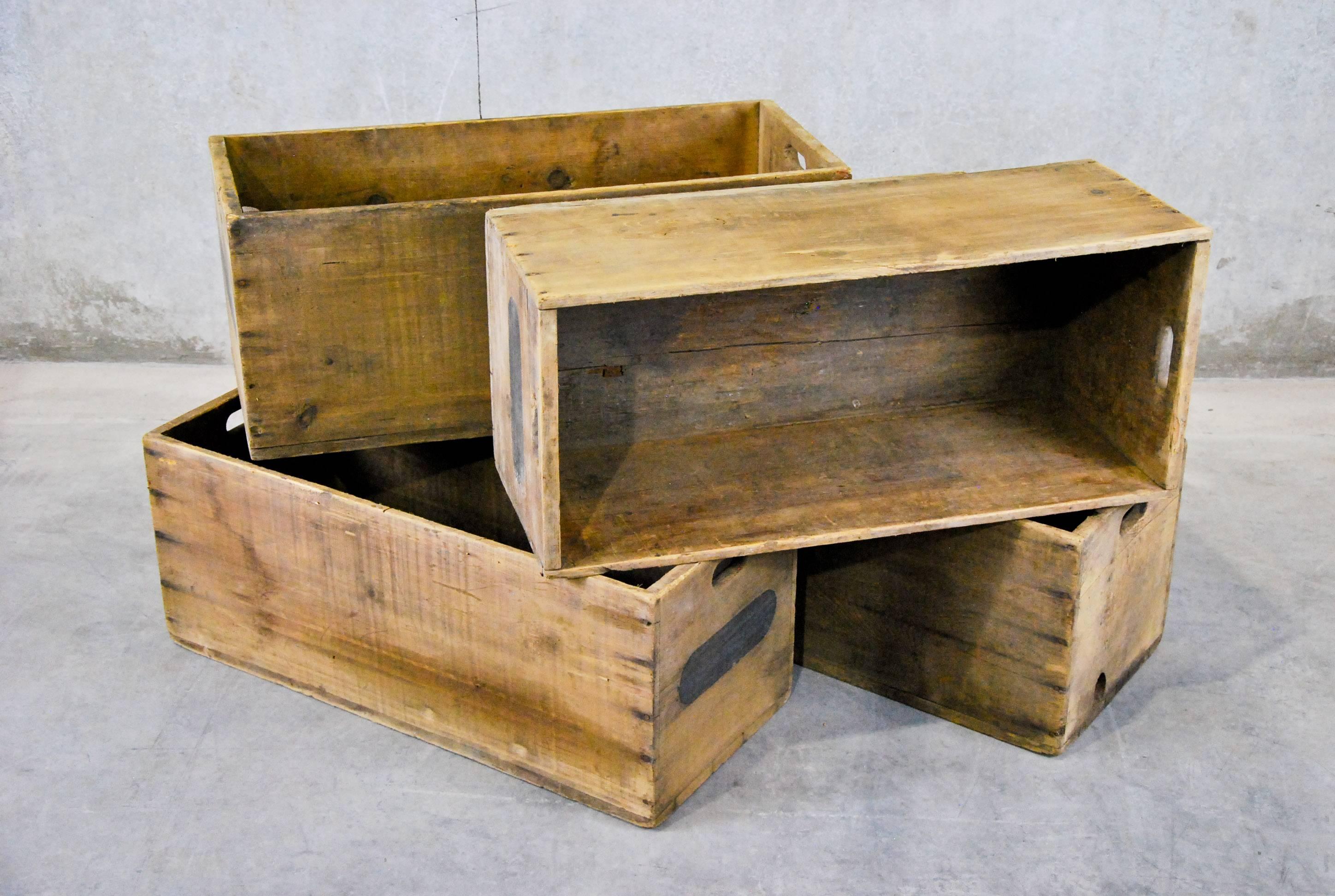 Group of five pine wooden bins from an old Mill in Ontario. solid 

The Rockwood woolen mills were established in 1867 by brothers John Richard, Thomas and Joseph Harris. Their business thrived and provided many artisan goods, with advertisements
