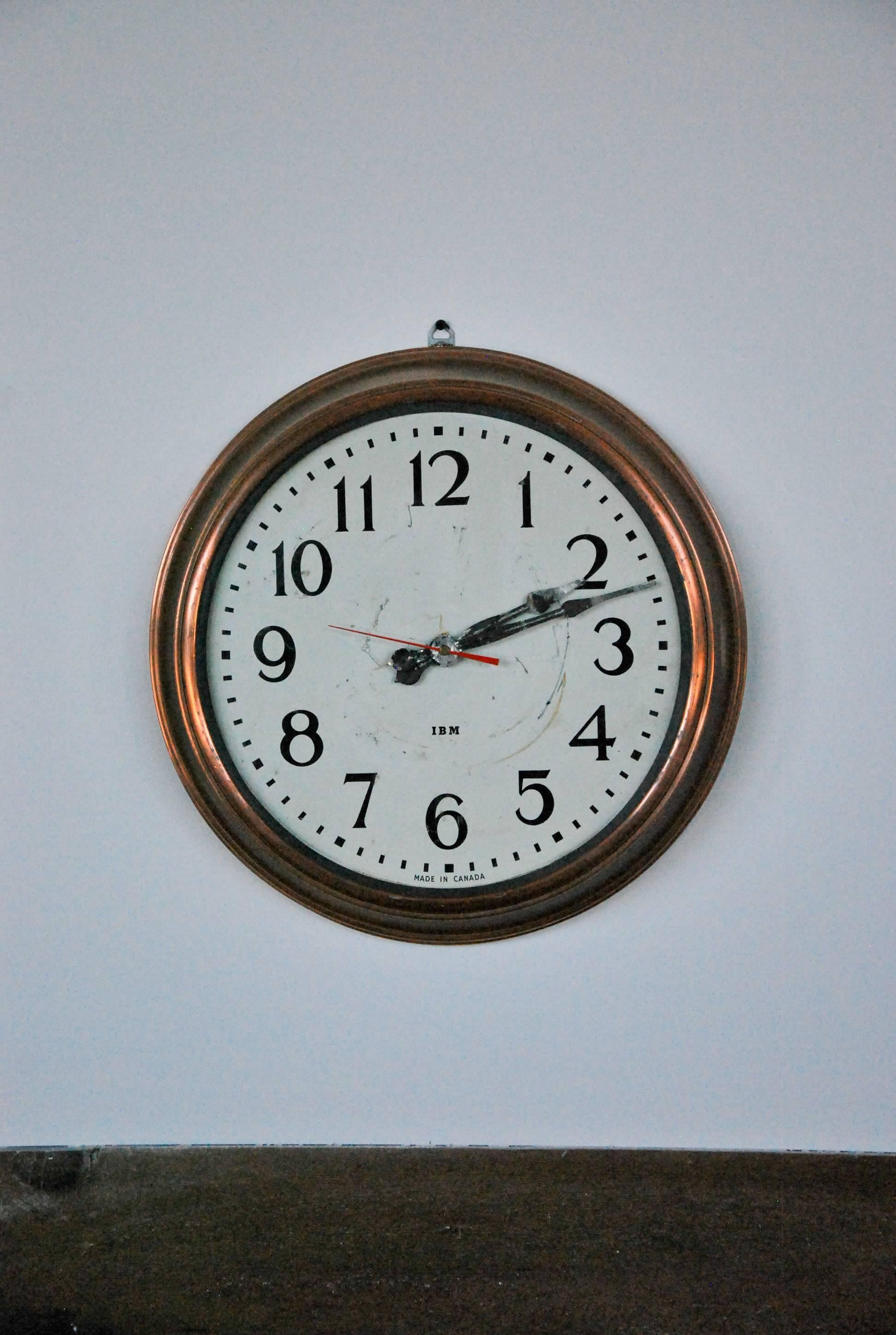 We have three original clocks with original factory finish in slate grey. The copper material is under this removable color. Example shown. The inner workings have been retrofitted to accommodate a simple battery for easy mounting and maintenance.