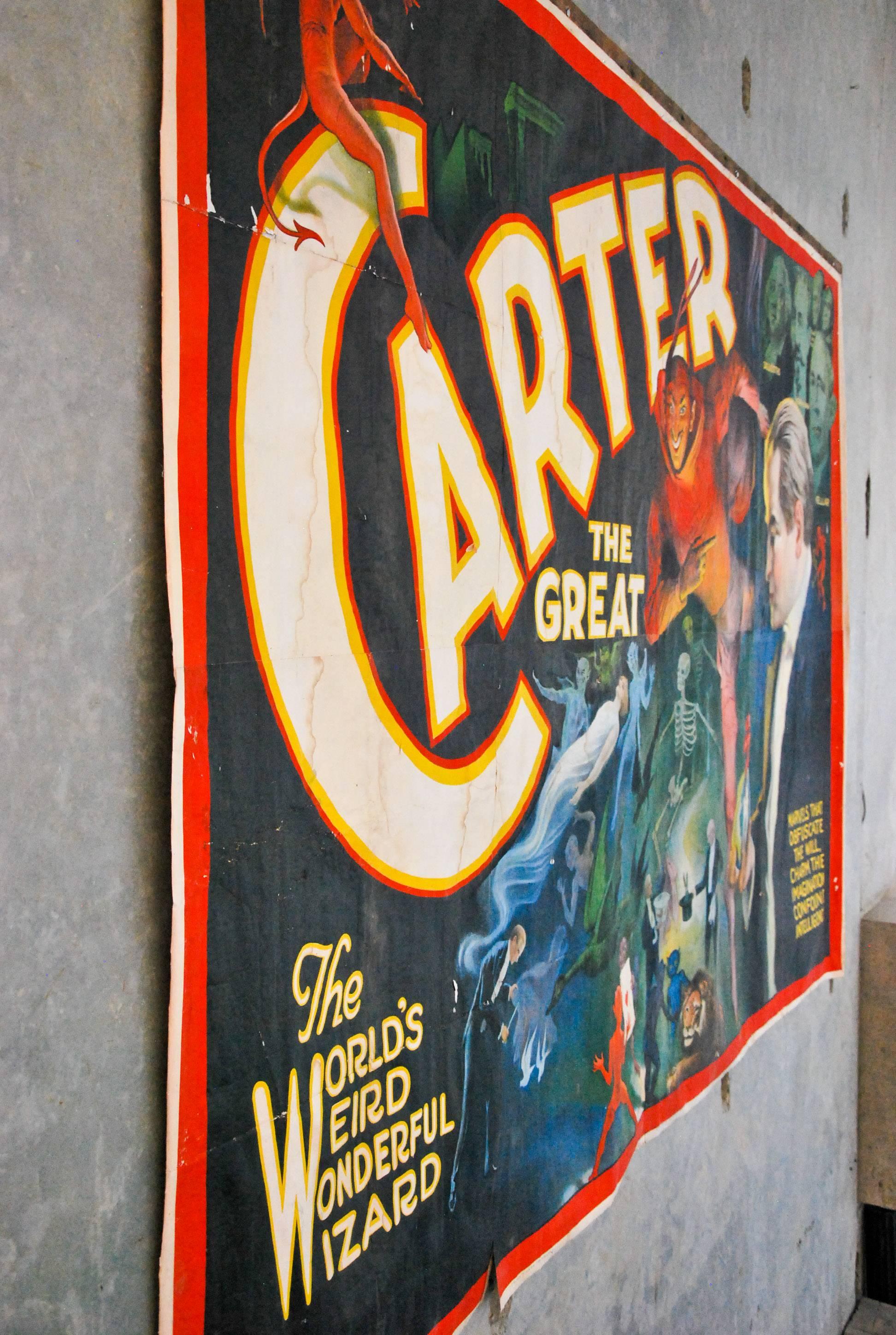 A large and early Folk Art paper banner (on linen backing) promoting famous American magician, Charles Joseph Carter (1874-1936), known as 'Carter the Great'. Untouched and unmounted, with strong color and minimal fading. By Otis Lithograph Co.,