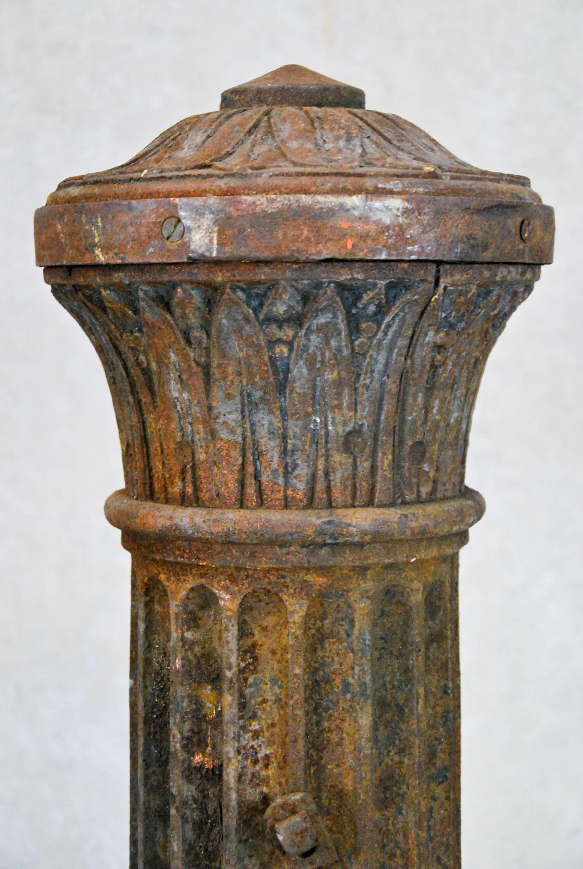 Beautiful and heavy cast iron posts with molded details, salvaged in NYC area in the late 1970s. We have four posts plus two half posts. They are in 'as found' untouched condition.