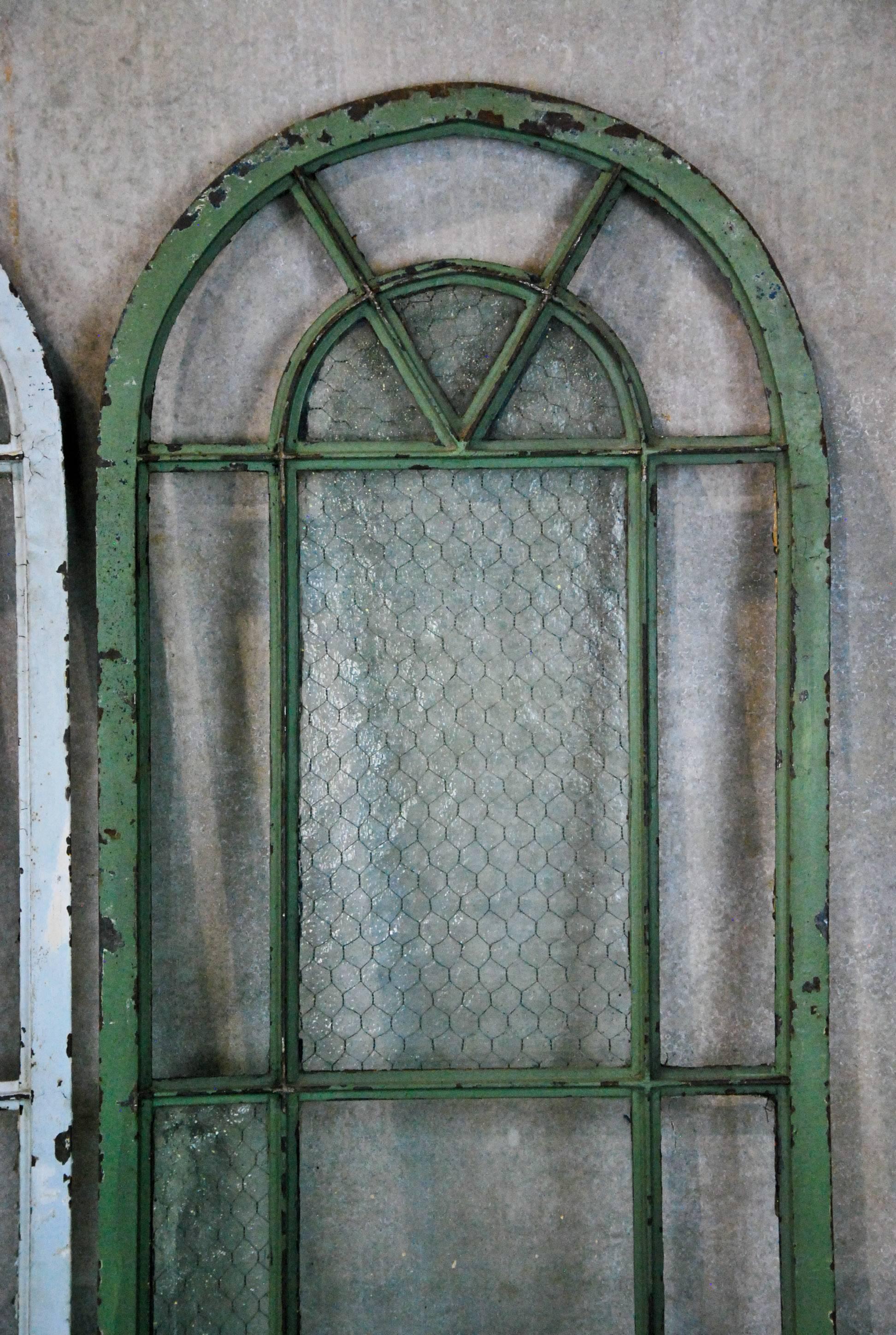 Very unique set of factory windows as found with some original chicken wire glass in place. The set of three are a rare narrow configuration with unique details.
They were found in an old storage building outside Brooklyn, NY.

Please note. we