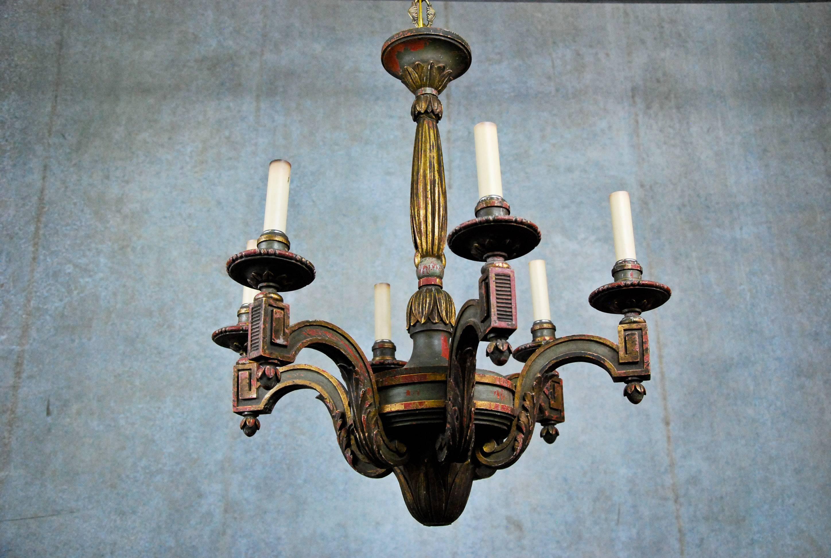 20th Century Wooden Six-Arm French Neoclassical Painted Chandelier In Good Condition In Surrey, BC