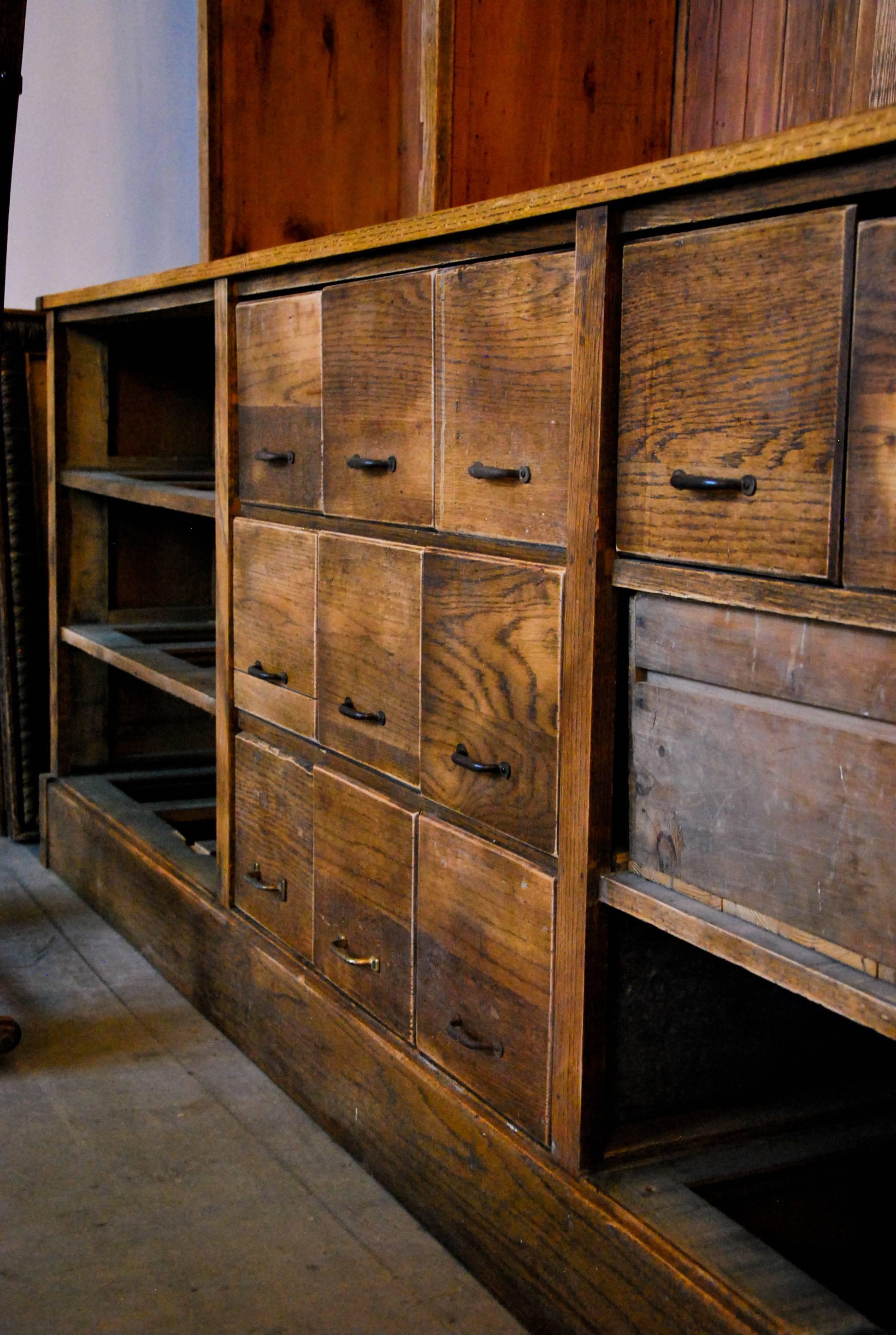 Oak 1920 Mercantile Hardware Store Retail Cabinet with Rolling Ladder