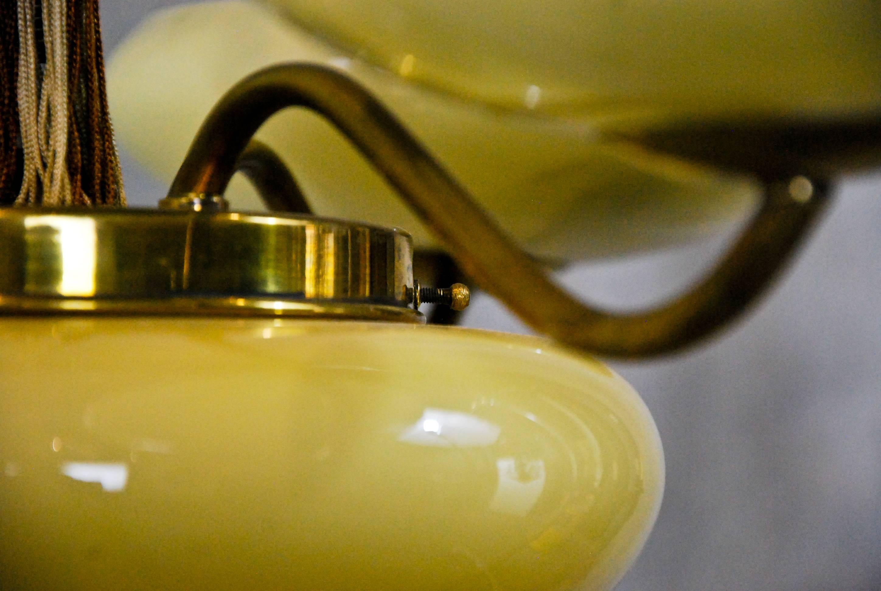 1940 Three-Arm Amber Glass Brass Chandelier In Good Condition In Surrey, BC