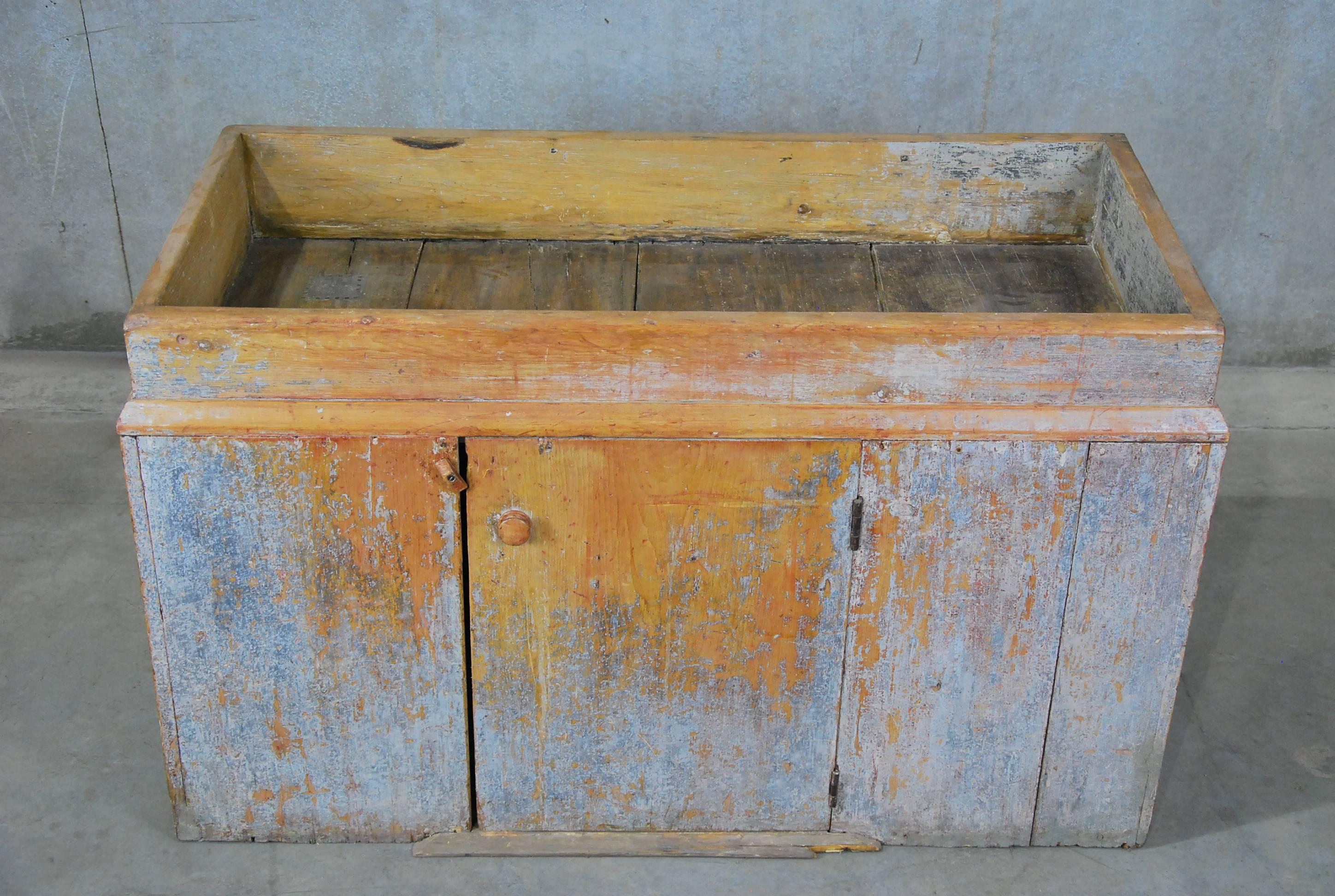 1830 Quebec dry sink with surface taken down to grey/blue ' pine.