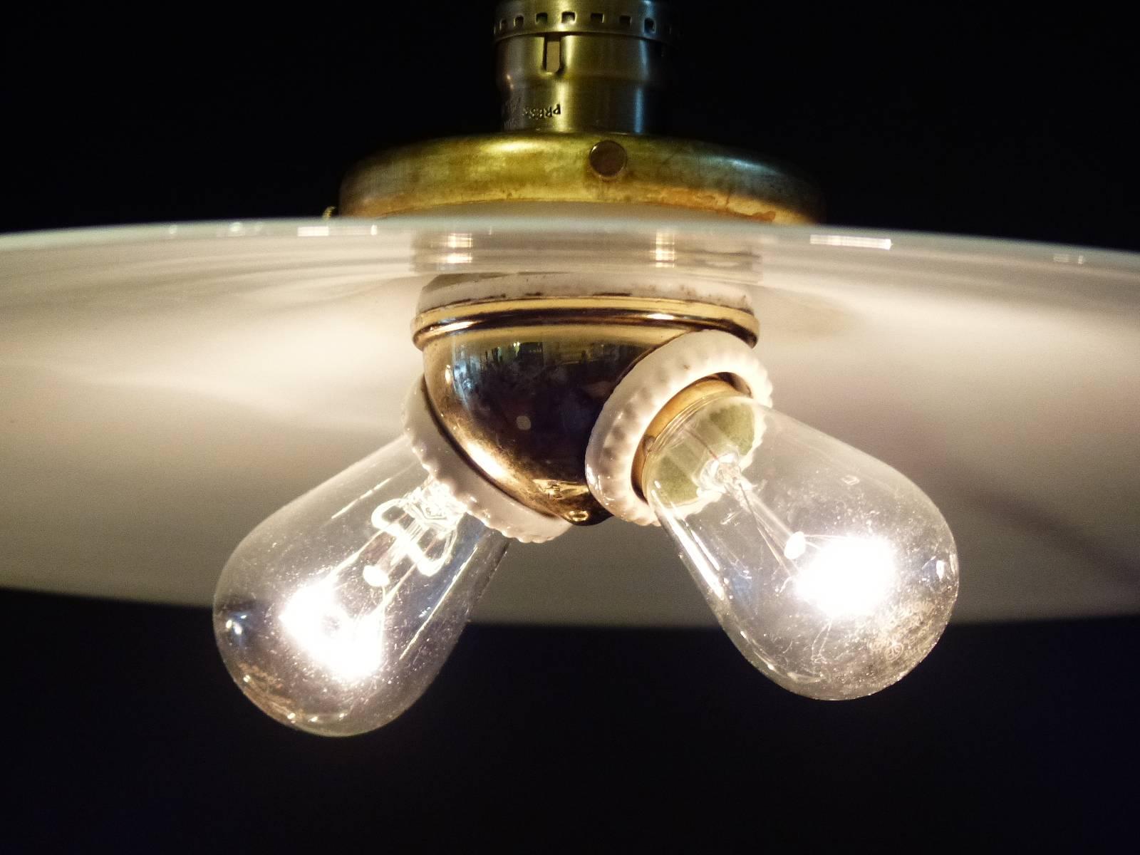 1920 Industrial White Opalescent Glass Pendant Light In Good Condition In Surrey, BC
