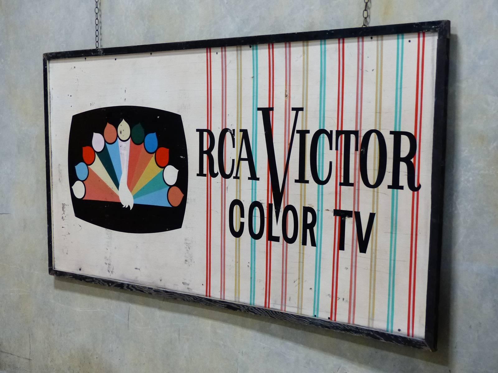 large wooden advertising sign depicting the arrival of color for the modern television.
Sign has all original paint , and was salvaged from a vintage repair shop in Vancouver.
4×8
c 1960