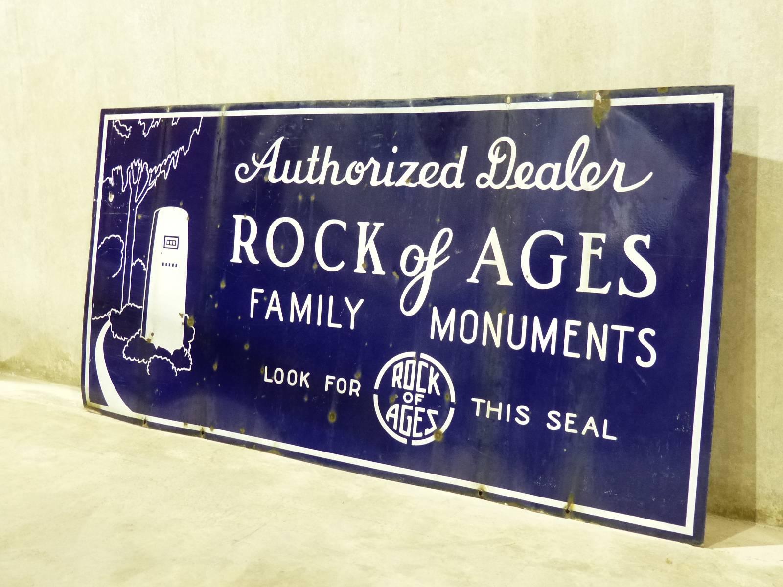 48H” x 96W” x 1D”
Monumental — four by eight foot — two-sided porcelain advertising sign, circa 1940. Nice colour; original condition. ‘Rock of Ages’ quarry company promoting its authorized dealers.