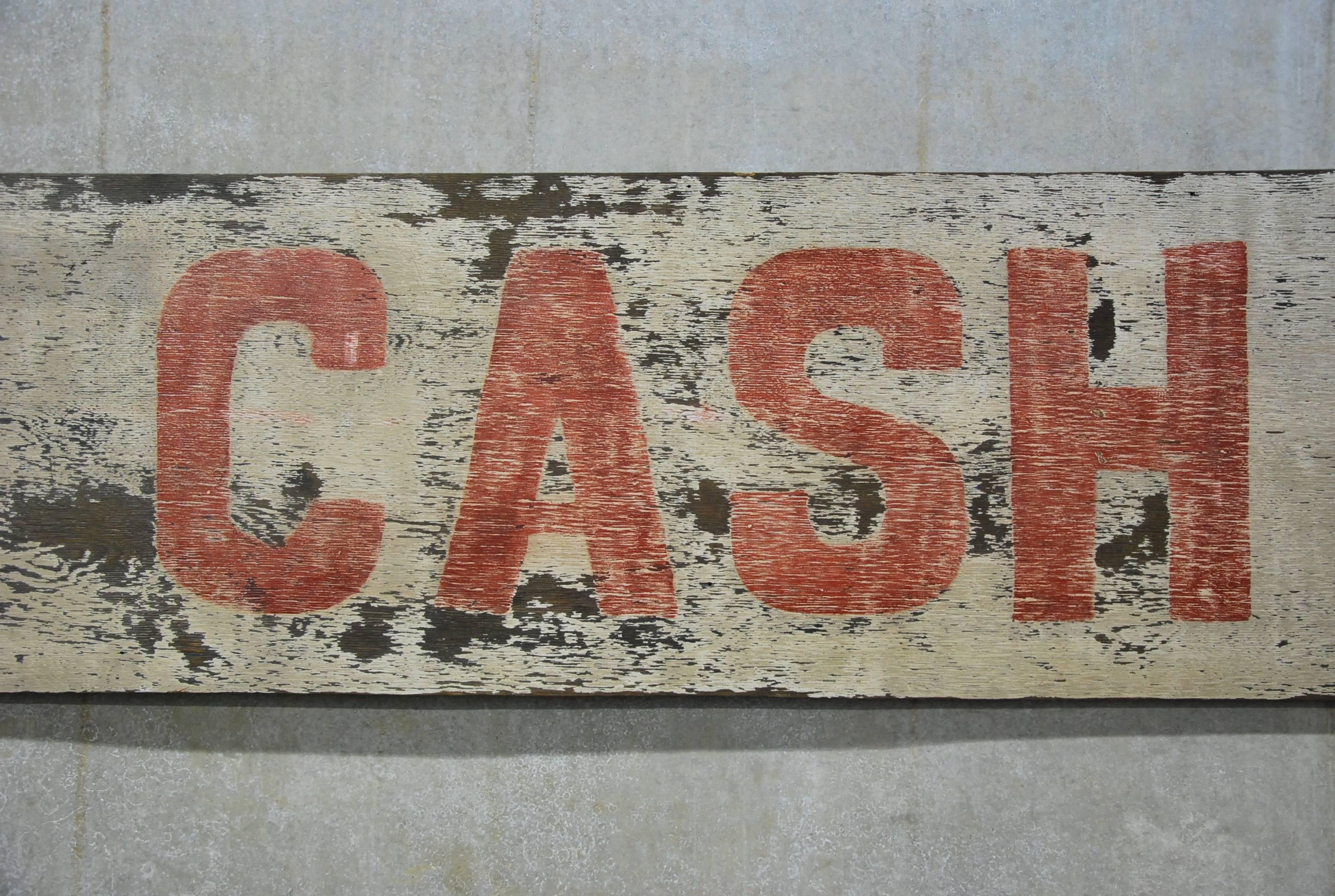 Simple distressed wooden plywood sign from the 60's depicting the word CASH.
Recently acquired from a Chicago Collection. 
