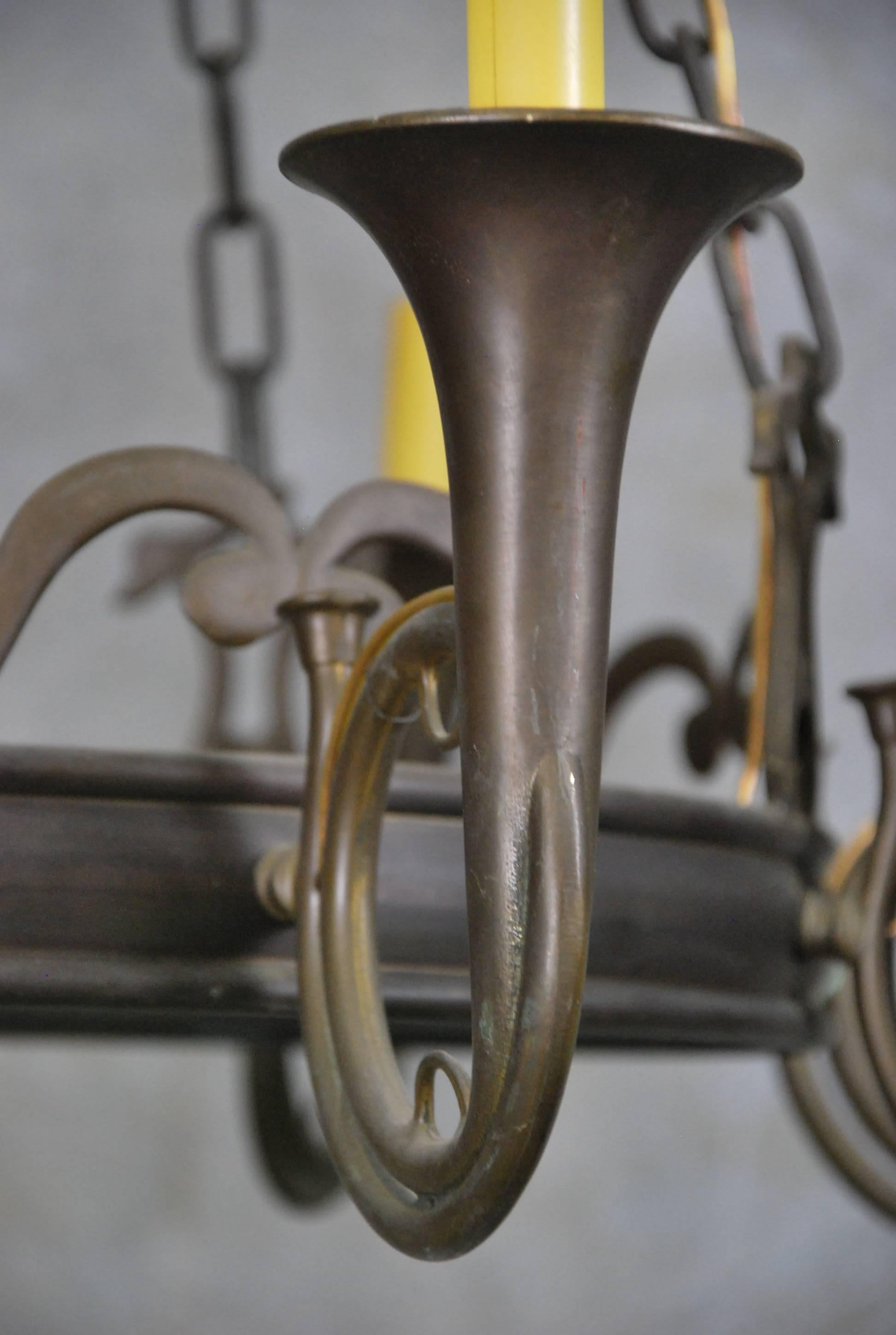 American 1920 Brass French Horn Chandelier