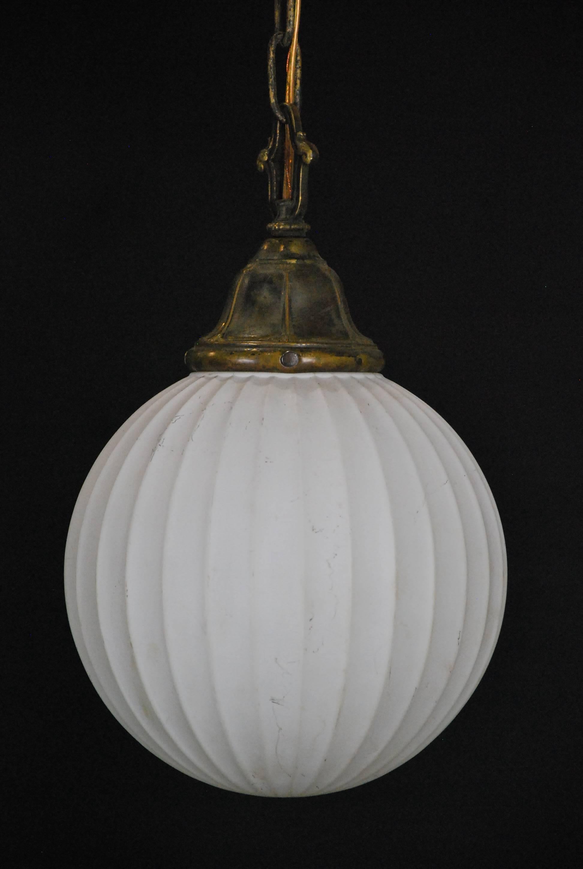 Victorian 1920 Reeded Milk Glass Brass Pendant Light