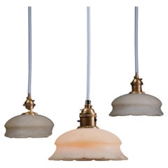 Set of Three NOS Italian Alabaster and Brass Pendant Lights, circa 1960