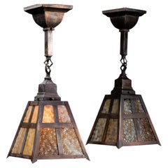 Pair of Arts and Crafts Bronze and Textured Glass Pendant Lights, circa 1915