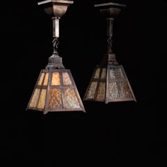 Pair of Arts and Crafts Bronze and Textured Glass Pendant Lights, circa 1915