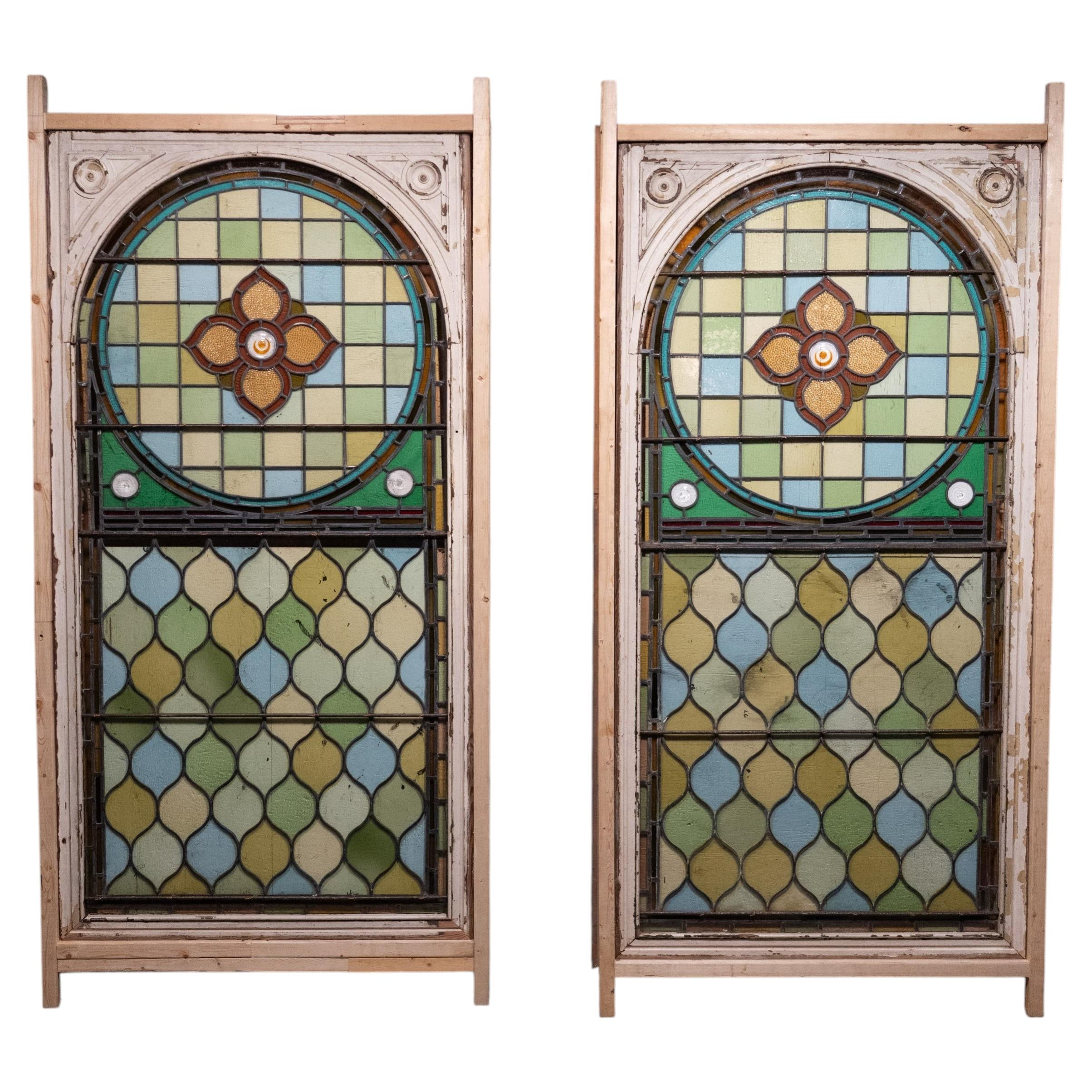 Pair of Monumental Antique Leaded Stained Glass Architectural Windows, circ 1900 For Sale