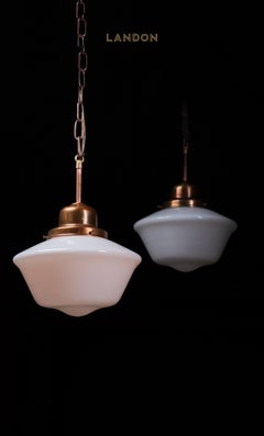 Set of Three Antique Copper and Opaline Glass Pendant Lights, circa 1920
