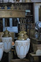 1910 Large Brass Hotel Lobby Nine Pendant Chandelier