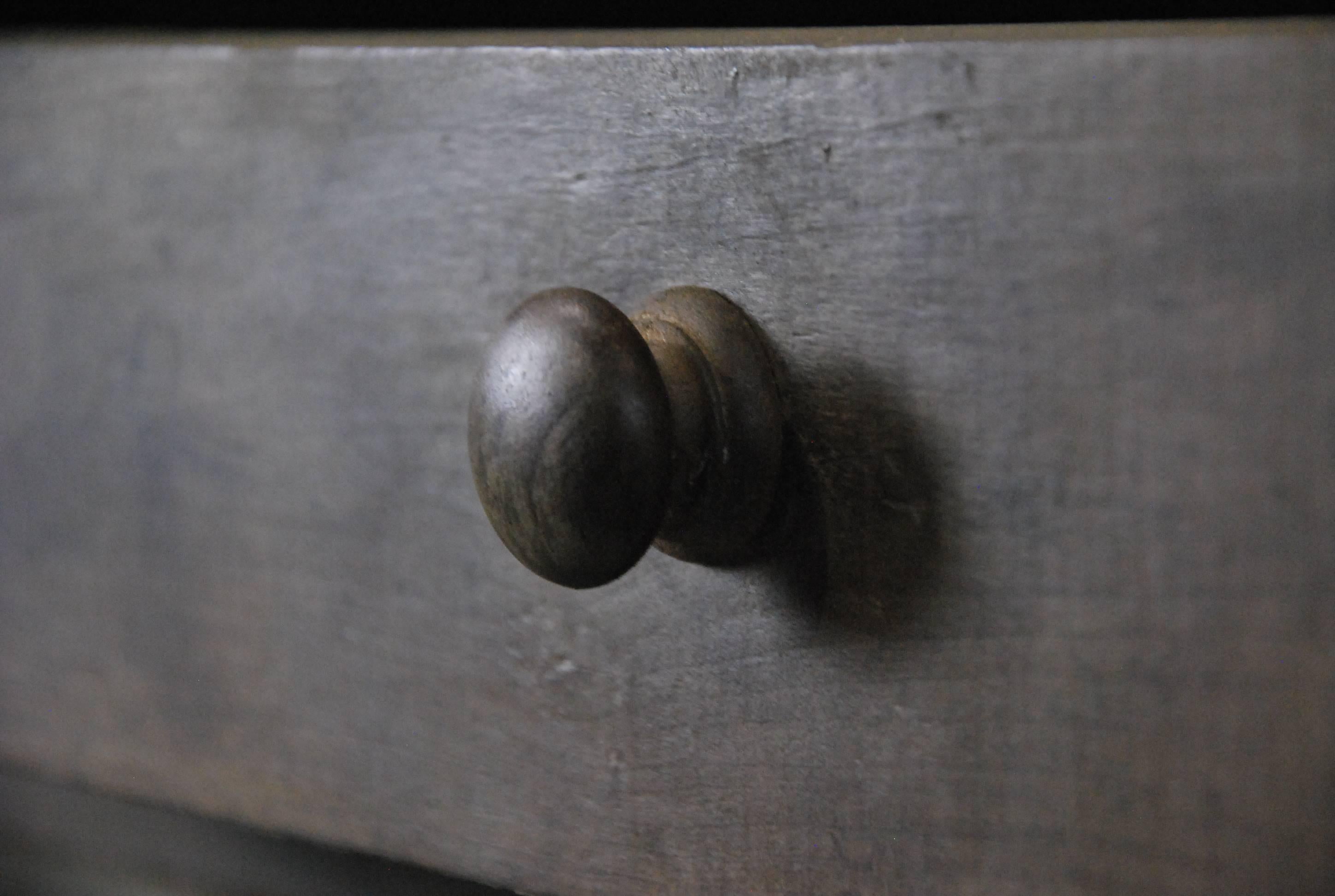Country style solid cherry farm table style console, with working drawer. Piece is in old finish with signs of wear and usage throughout. 
Found in the Niagara region of Ontario.

Square nailed construction throughout with quality handmade