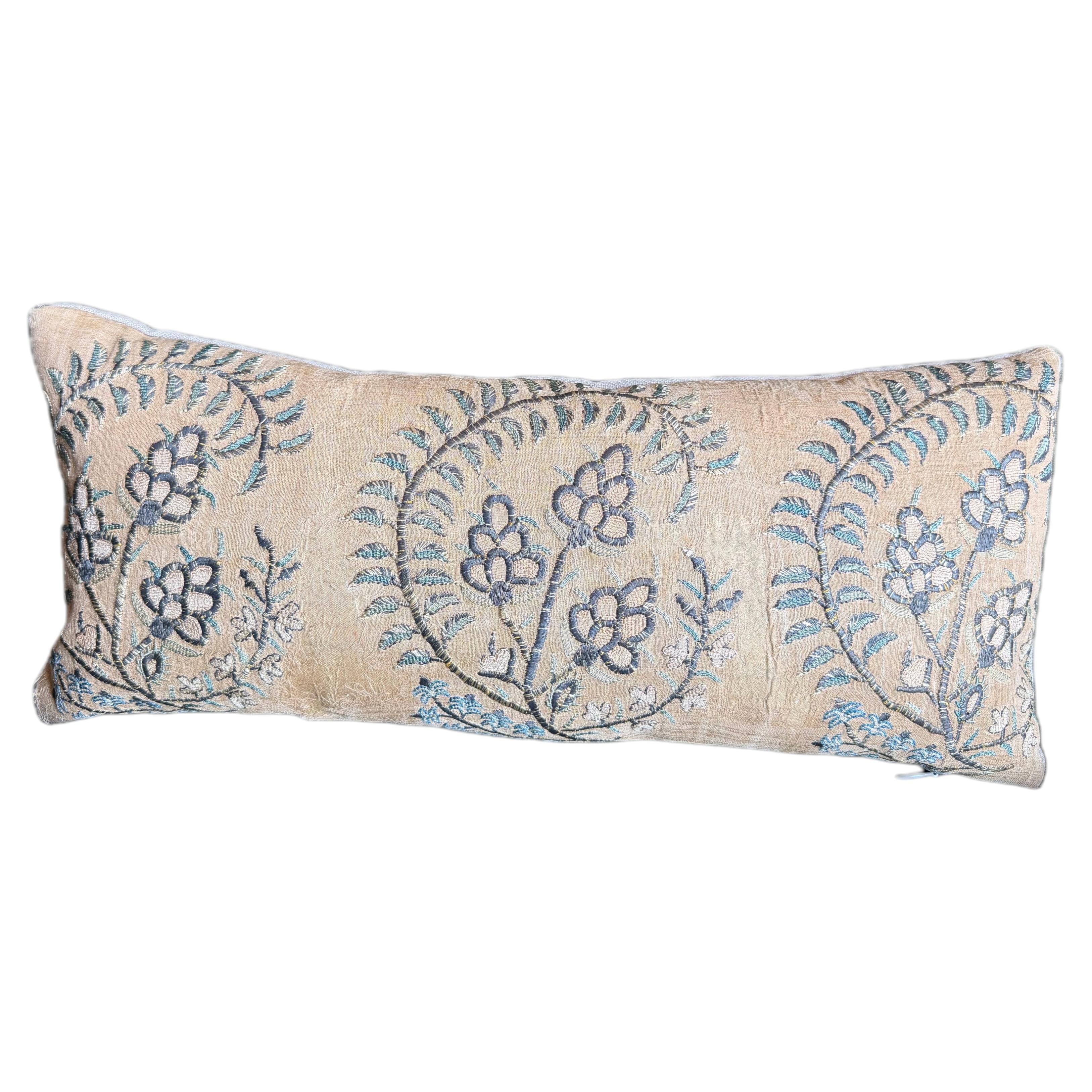 17th Century Persian Isfahan Metallic Embroidery Pillow with Silk Floral Design