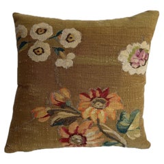 19th Century Aubusson French Tapestry Pillow with Floral Bouquet