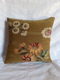 19th Century Aubusson French Tapestry Pillow with Floral Bouquet