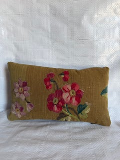 19th Century Aubusson Tapestry Pillow with Red Flowers Design