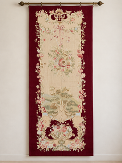 Arazzo vintage in stile Aubusson con motivo floreale bordeaux - 8'0" x 3'0"