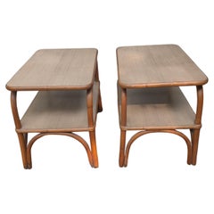 Vintage Mid-Century Modern Laminate Formica Top and Rattan End/Side Tables - Set of 2