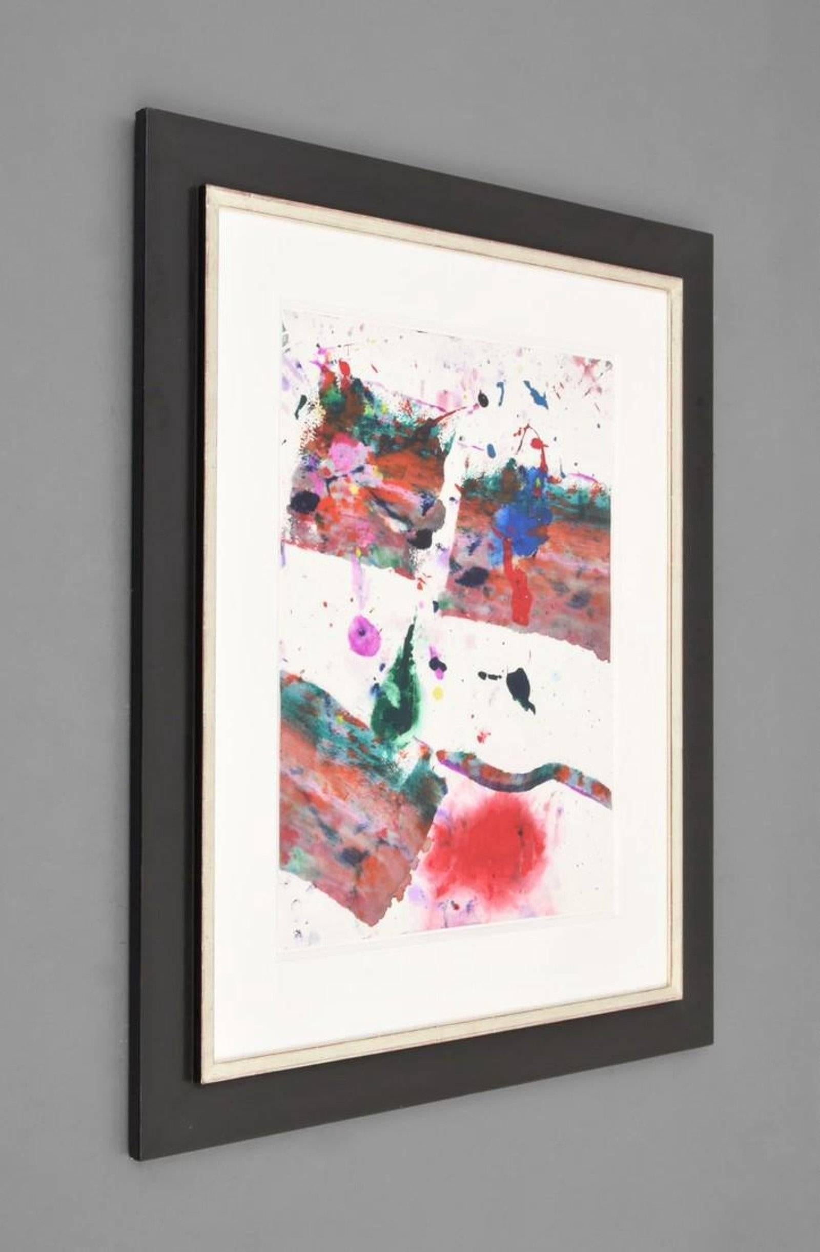 Painting by Sam Francis (1923-1994). Work is no. SF80-1191. Work is accompanied by a copy of the receipt issued 10.8.2005 by Cornette de Saint Cyr, Paris, France.  Provenance: Estate of the artist, California  Gallery Delaive, Amsterdam, Netherlands