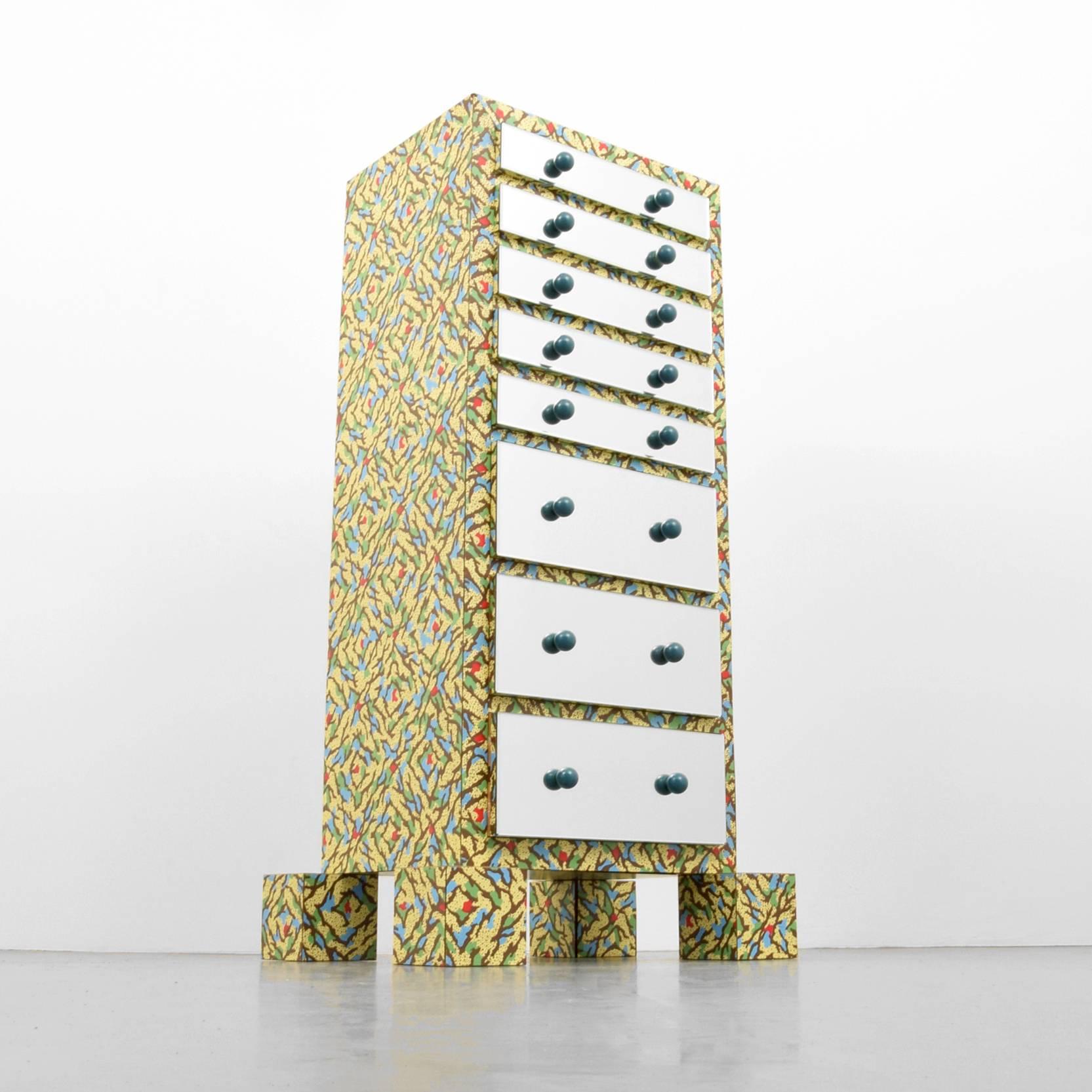 Chest by Paolo Navone for Alchimia. Cabinet has eight drawers. 

Provenance: R 20th Century, New York, New York; Collection, Boca Raton, Florida. Cabinet includes the item description tear sheet from R 20th Century Gallery. Reference (shown in situ,