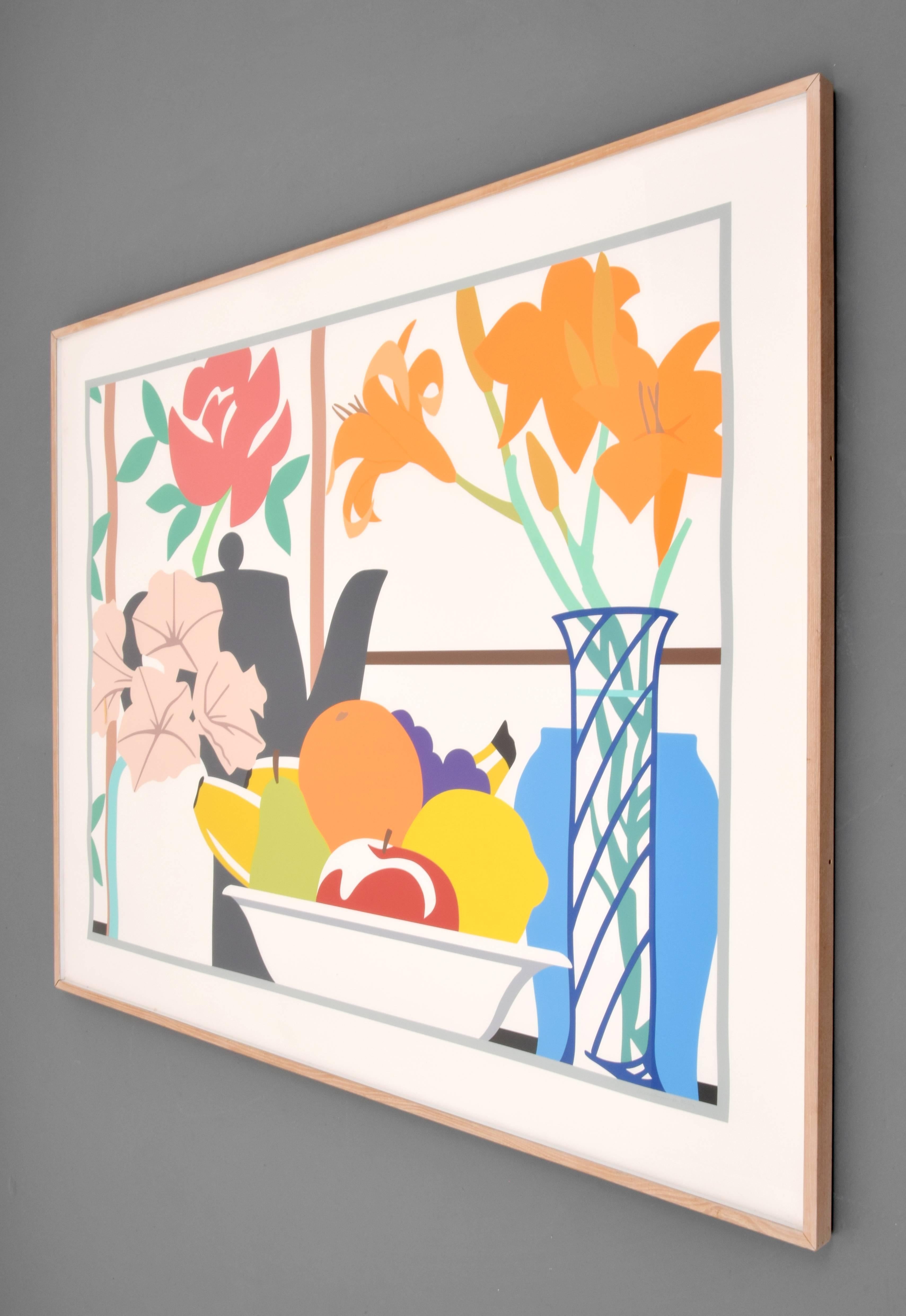 Large lithograph by Tom Wesselmann (1931-2004). Work is titled still life with petunias, lilies and fruit. Image published by International Images, Inc., Putney, Vermont. Provenance: Nan Miller Gallery, New York Private Collection,