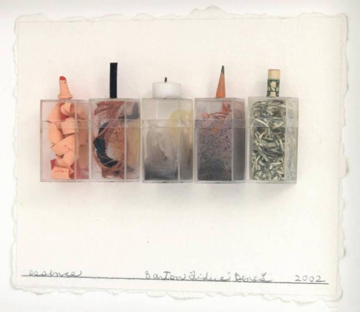 Mixed media work titled "Essence" by Barton Lidice Benes (American, 1942-2012). Provenance: Gift from the artist; The Collection of Dr. Howard Grossman, West Palm Beach, Florida. 

Materials: paper, acrylic, metal, wax, shredded currency.