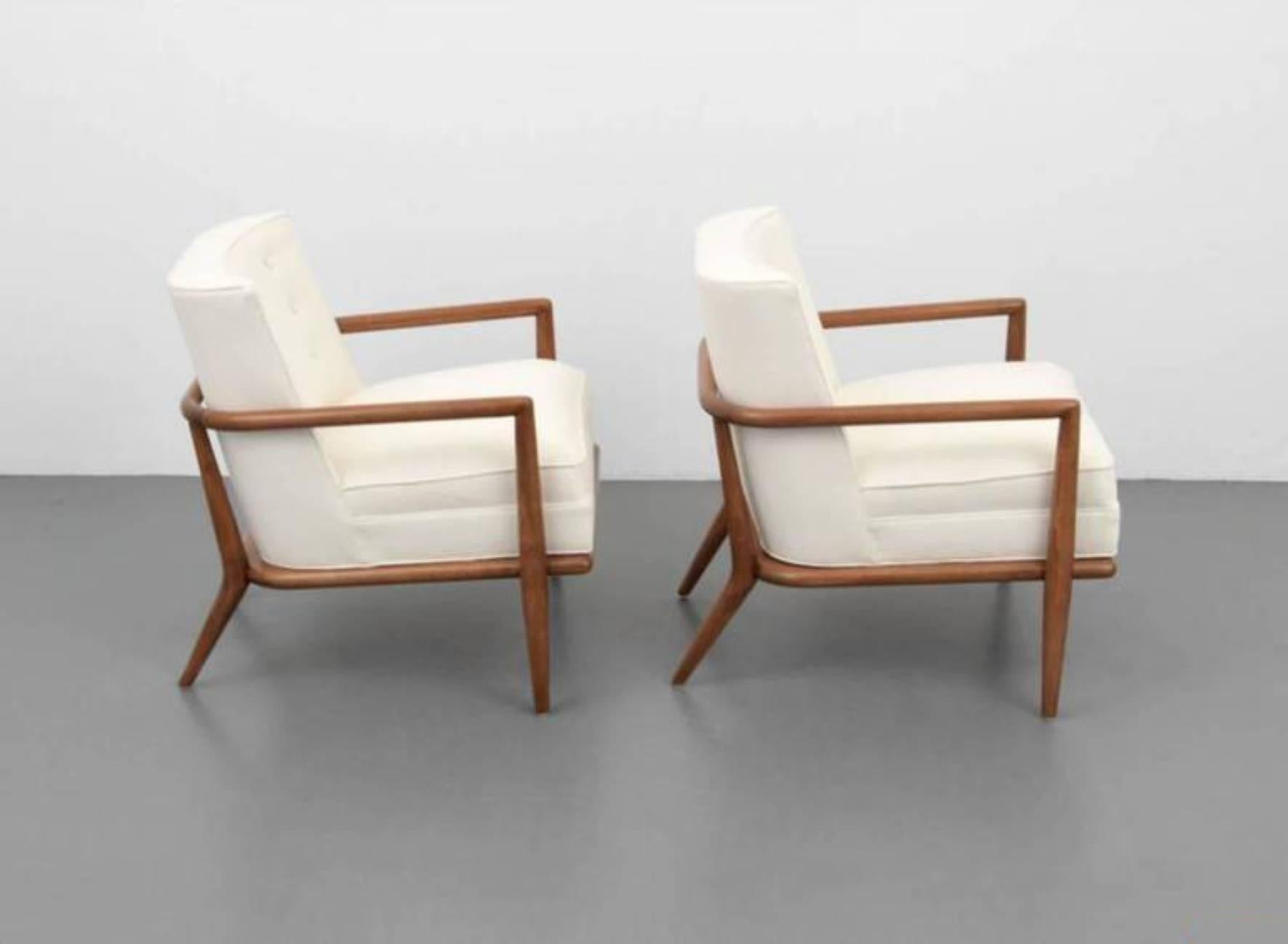 Pair of lounge chairs designed by Robsjohn-Gibbings and commissioned for the White Shadows estate. Provenance: Designed by Robsjohn-Gibbings for White Shadows, residence of Thomas B. Davis, Rancho Mirage, California; collection of Davis-Stibolt