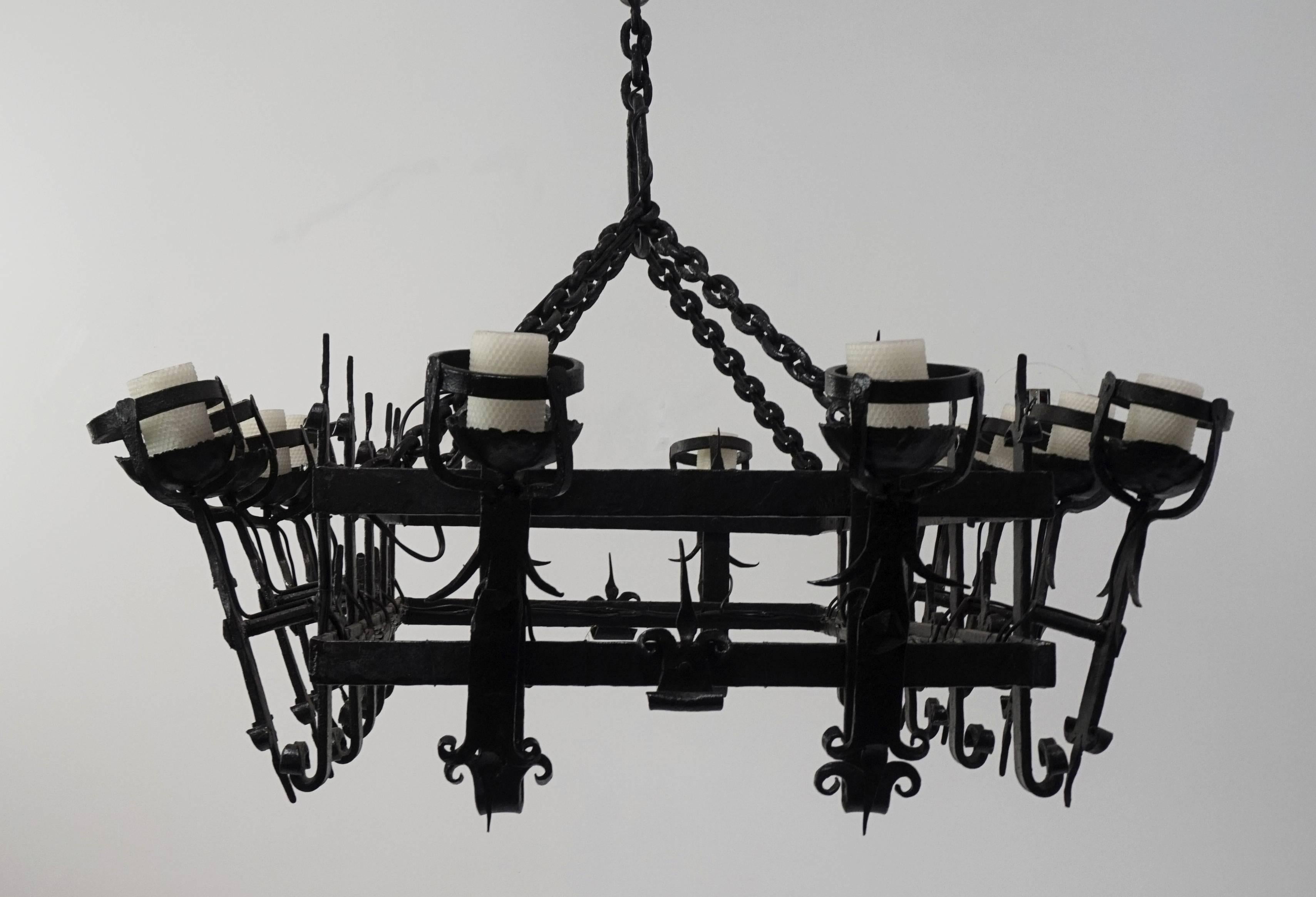 Monumental 14-Light Henry III Style Hand Wrought Iron Chandelier In Good Condition In San Francisco, CA