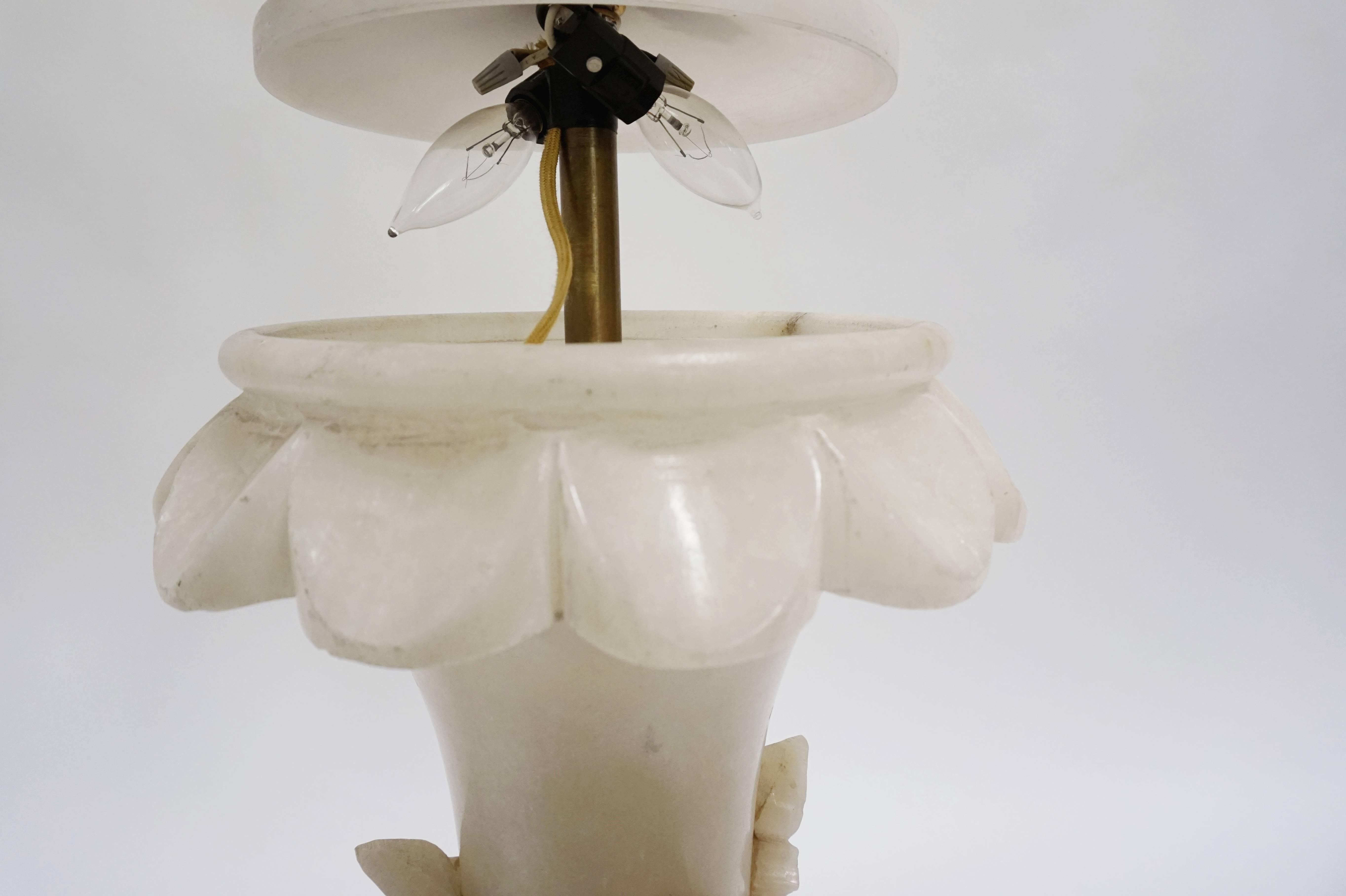 Mid-Century Modern Large Carved Alabaster Leaf/Urn Lamp, Lit from Within, Gilded Base For Sale