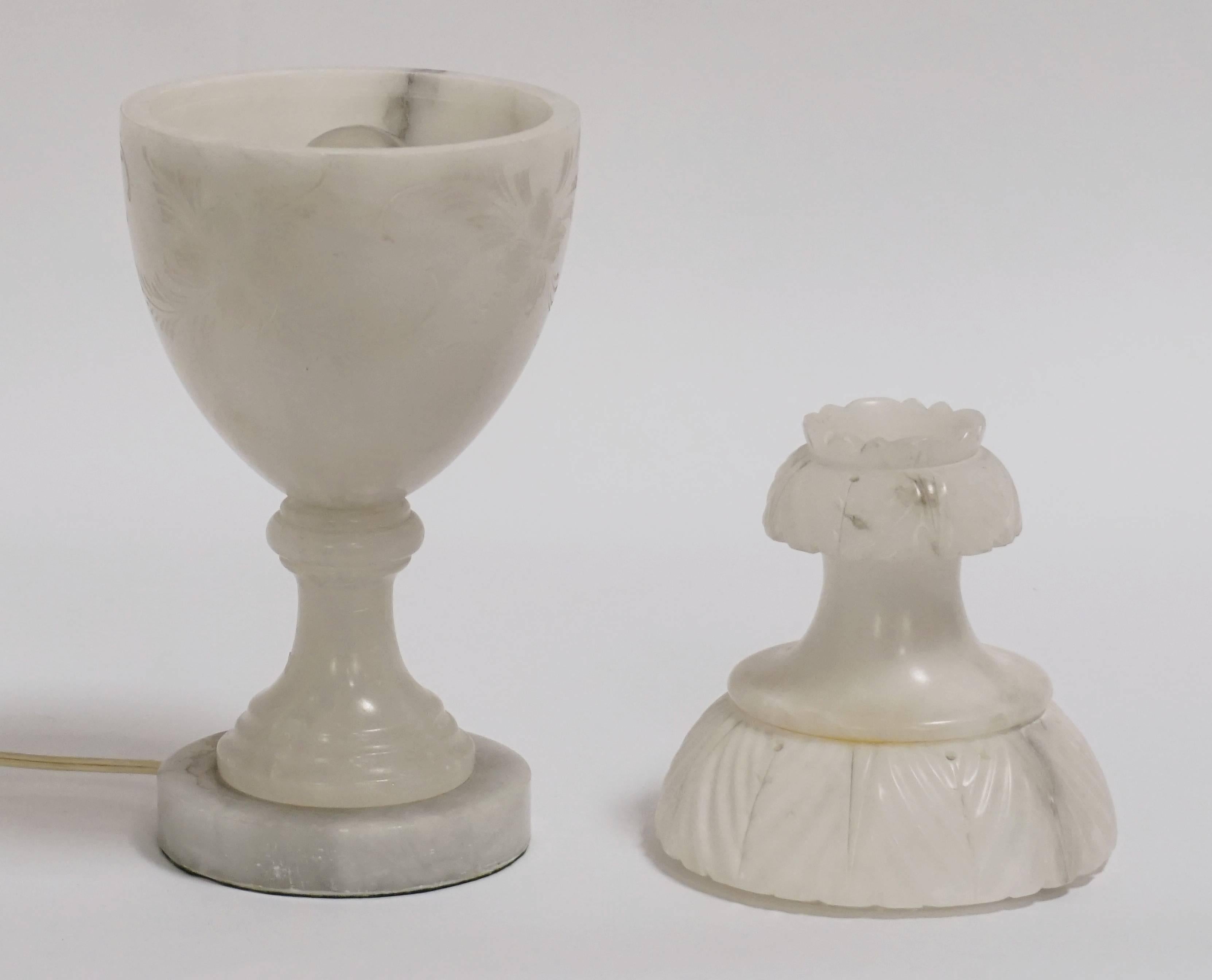 Hand-Carved Alabaster Urn Lamp with Floral Motif