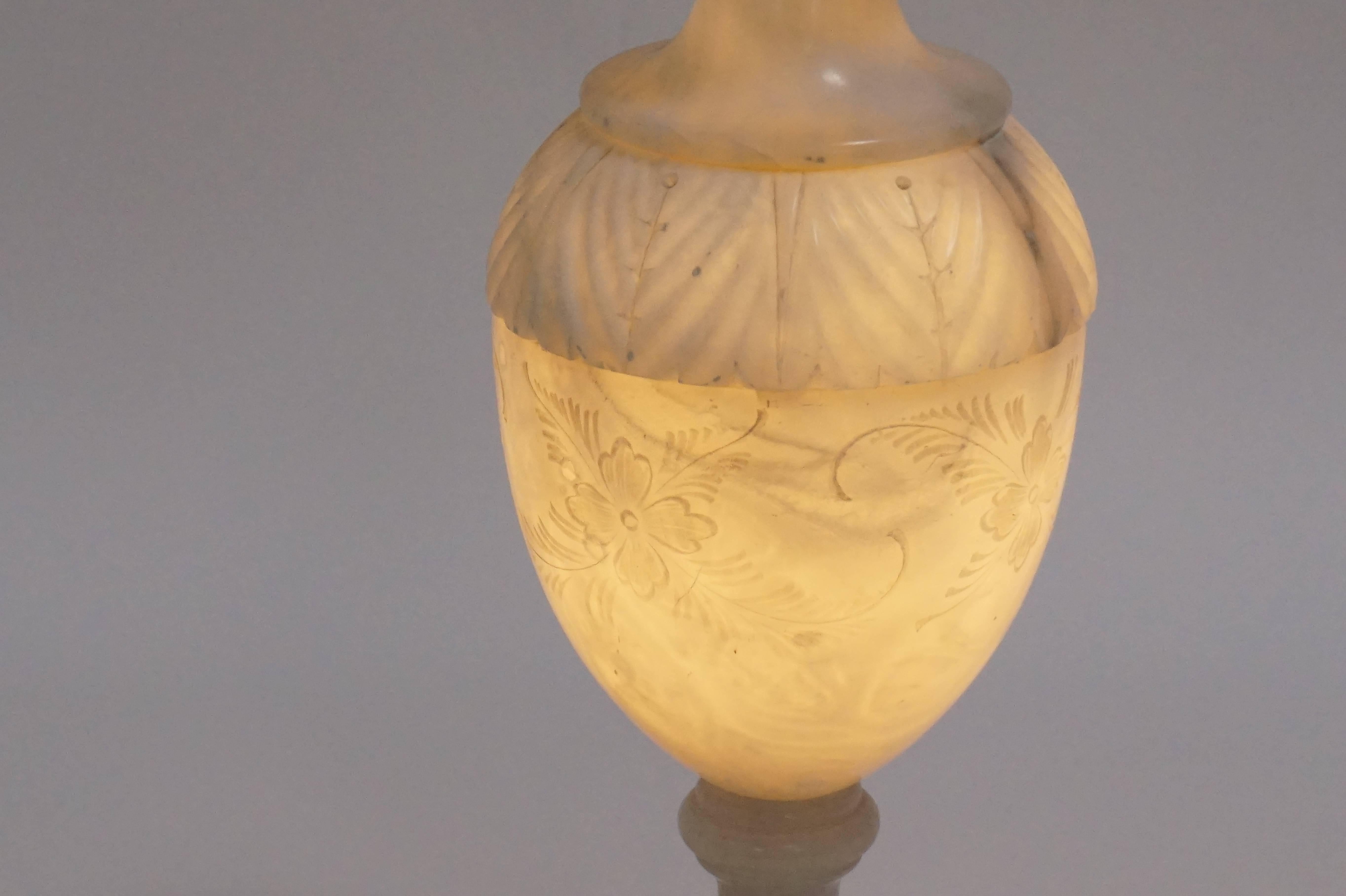 Mid-20th Century Alabaster Urn Lamp with Floral Motif