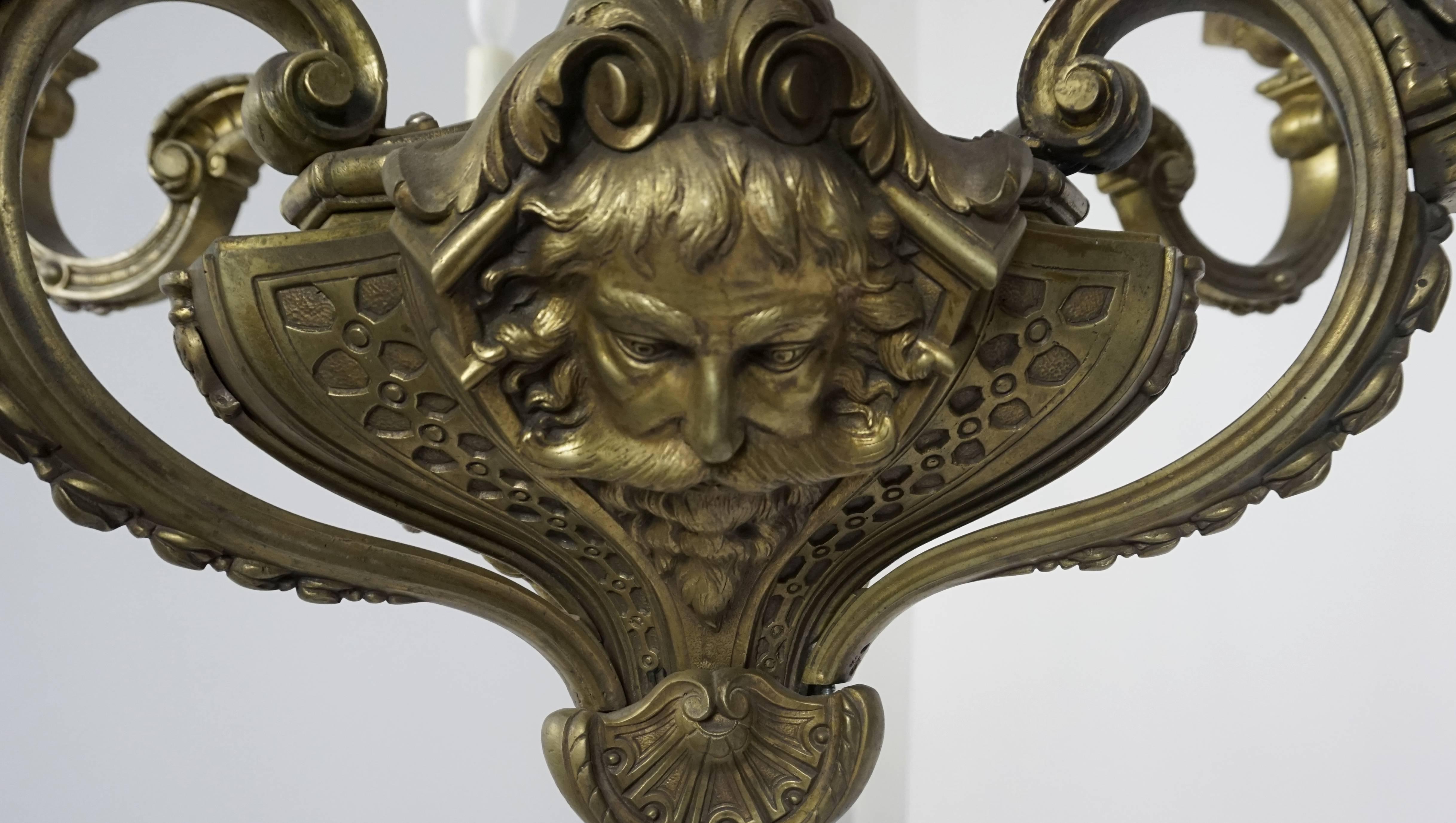 Detailed Faces & Acanthus Leaf 19th Century Second Empire Bronze Chandelier In Good Condition In San Francisco, CA