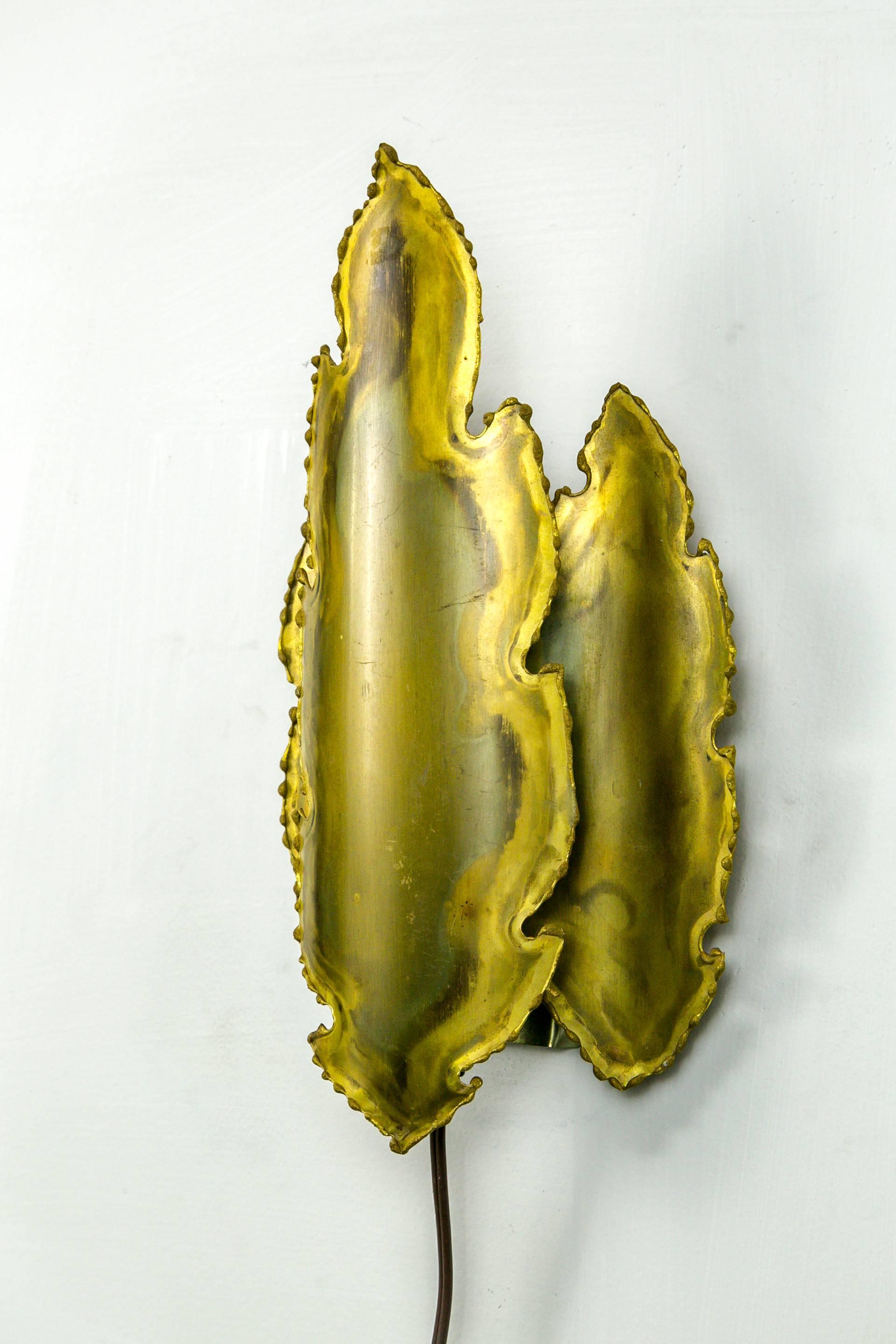Mid-20th Century Brutalist Brass Flame Leaf Sconces (pair)