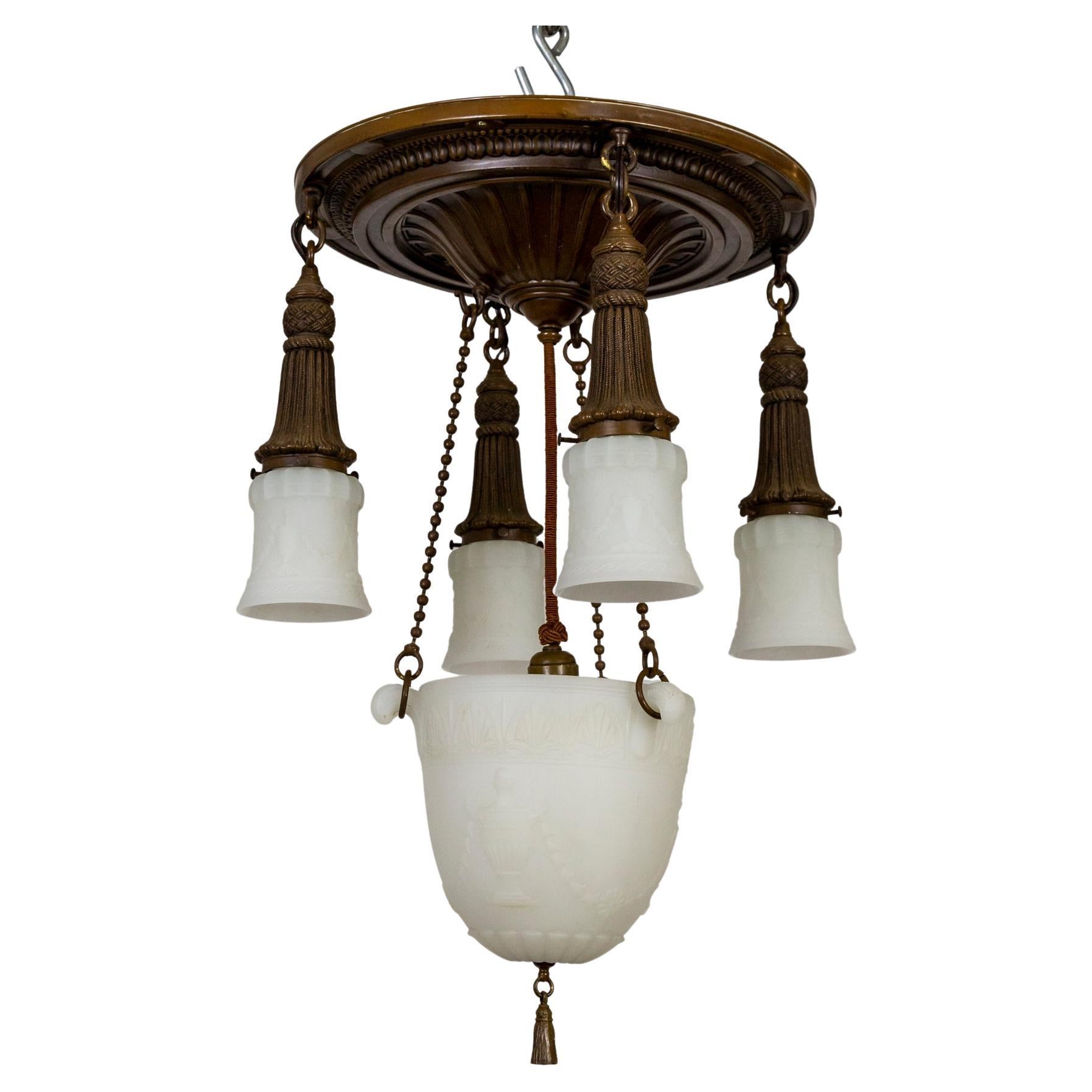 Brass & Milk Glass Pan Style Chandelier w/ Rope & Urn Details For Sale
