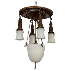 Antique Brass & Milk Glass Pan Style Chandelier w/ Rope & Urn Details