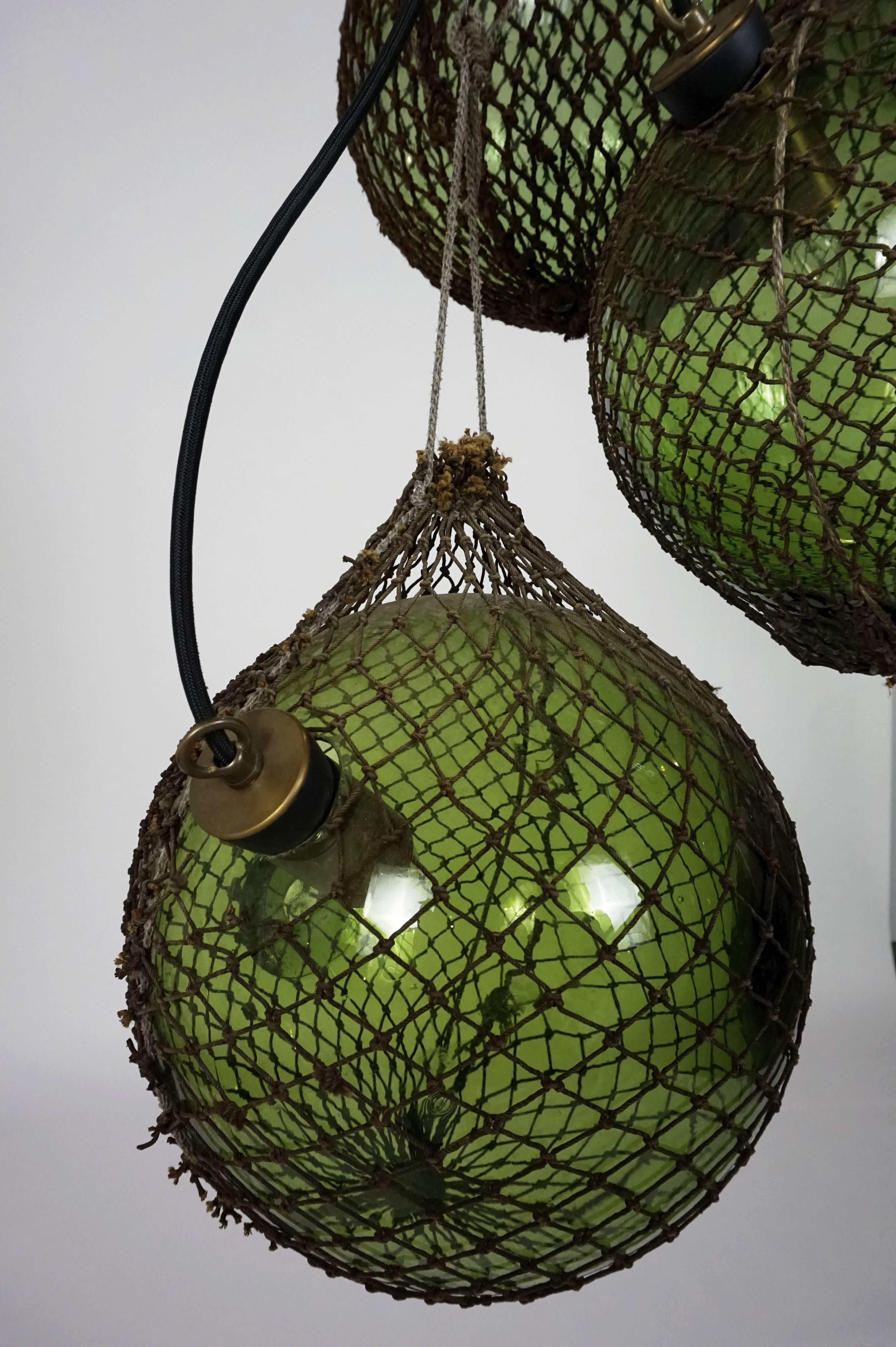 Steel Green Glass Antique Japanese Fishing Floats 3-Light Pendant
