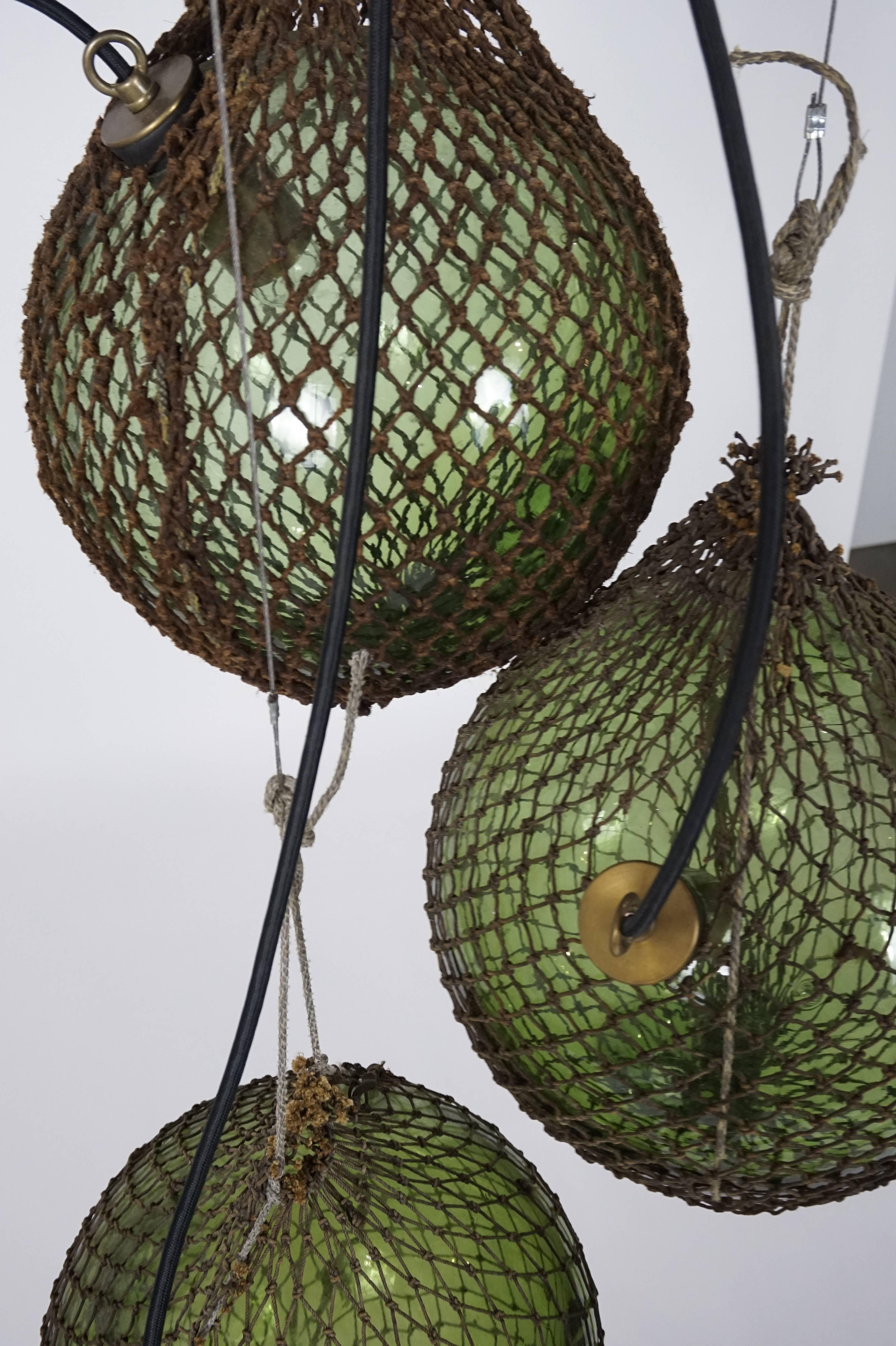 Green Glass Antique Japanese Fishing Floats 3-Light Pendant In Excellent Condition In San Francisco, CA