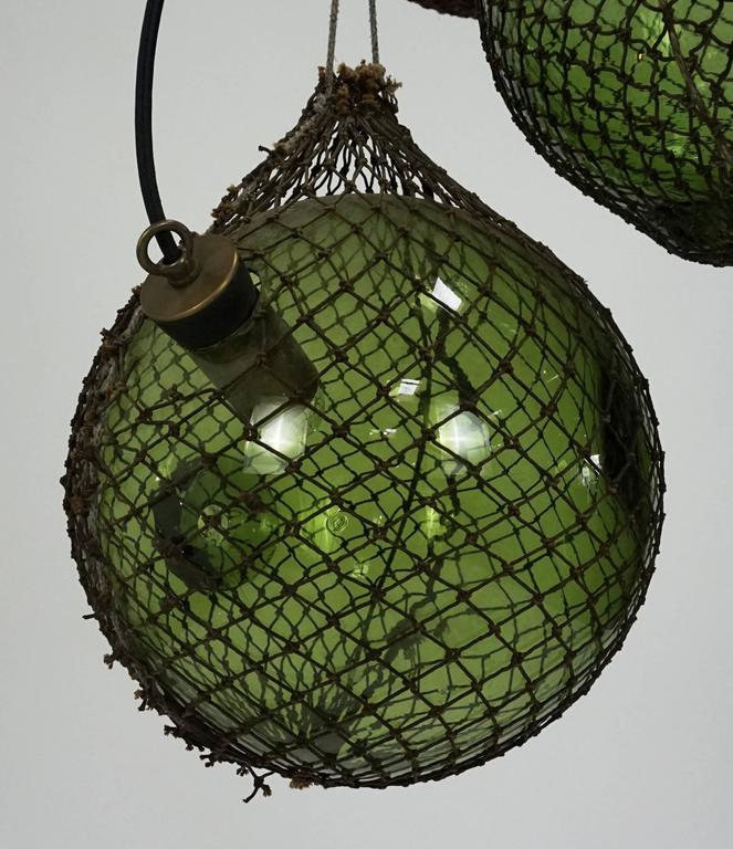 Green Glass Antique Japanese Fishing Floats 3-Light Pendant