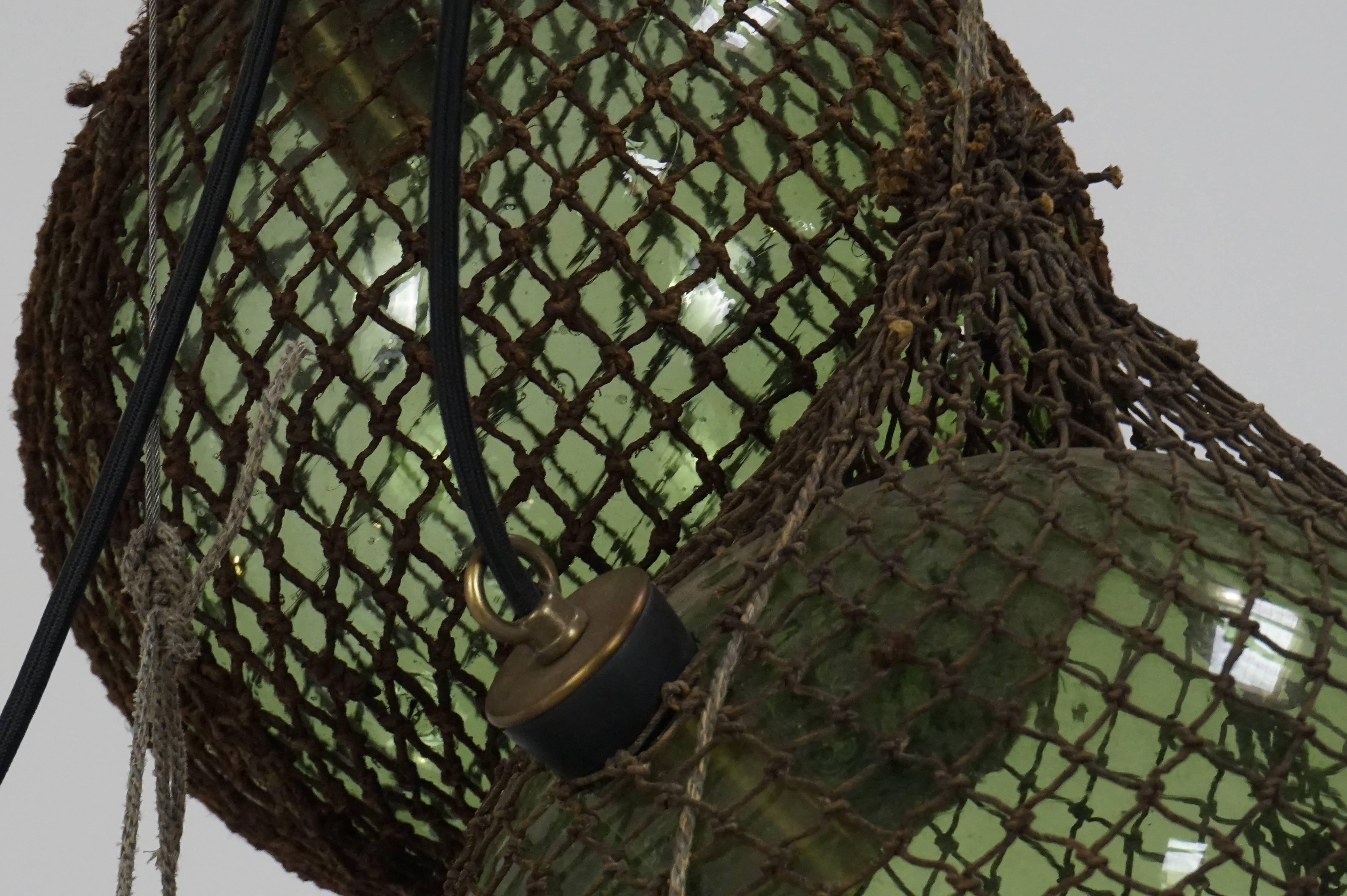 Green Glass Antique Japanese Fishing Floats 3Light Pendant at 1stDibs