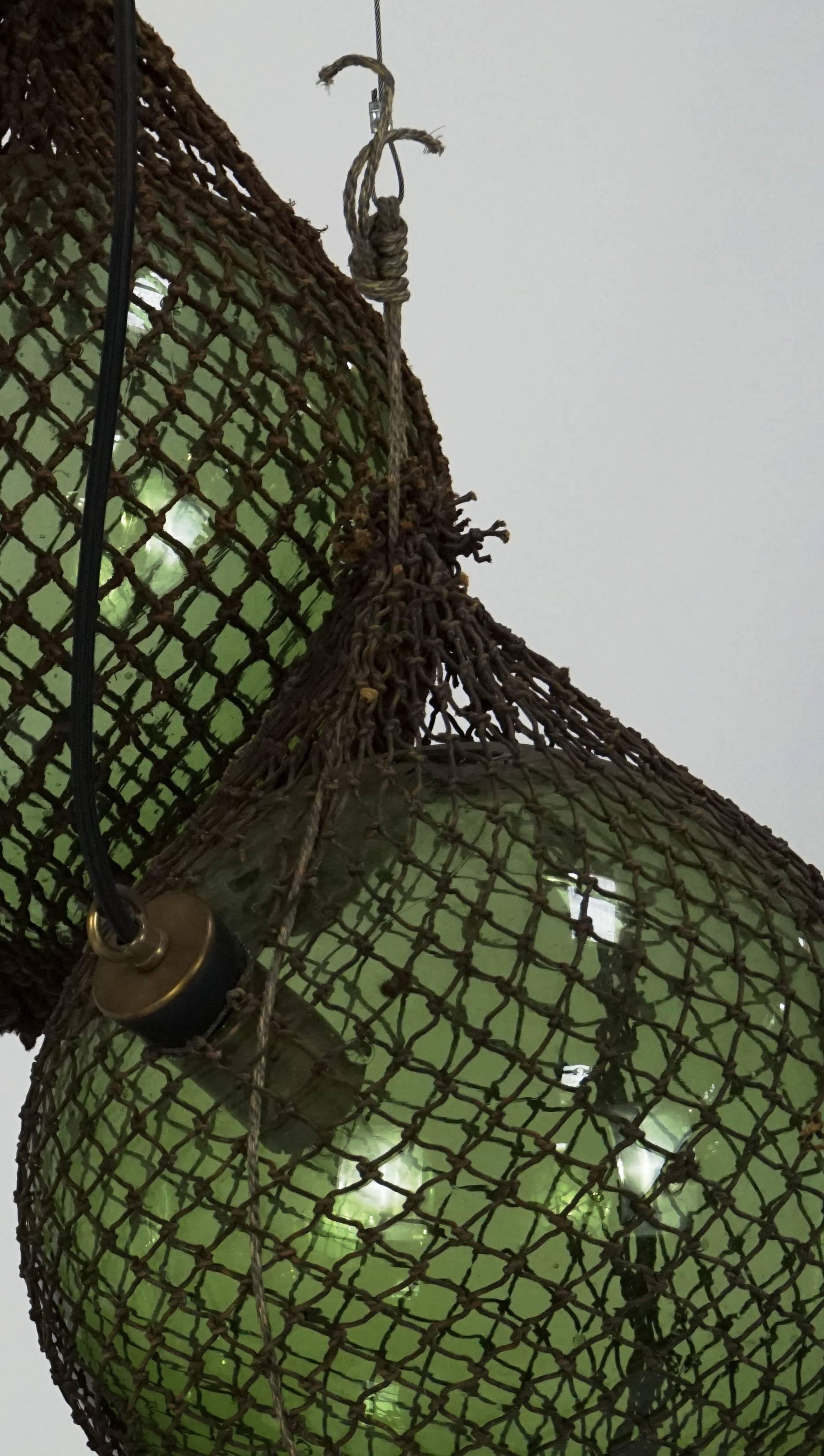 Organic Modern Green Glass Antique Japanese Fishing Floats 3-Light Pendant