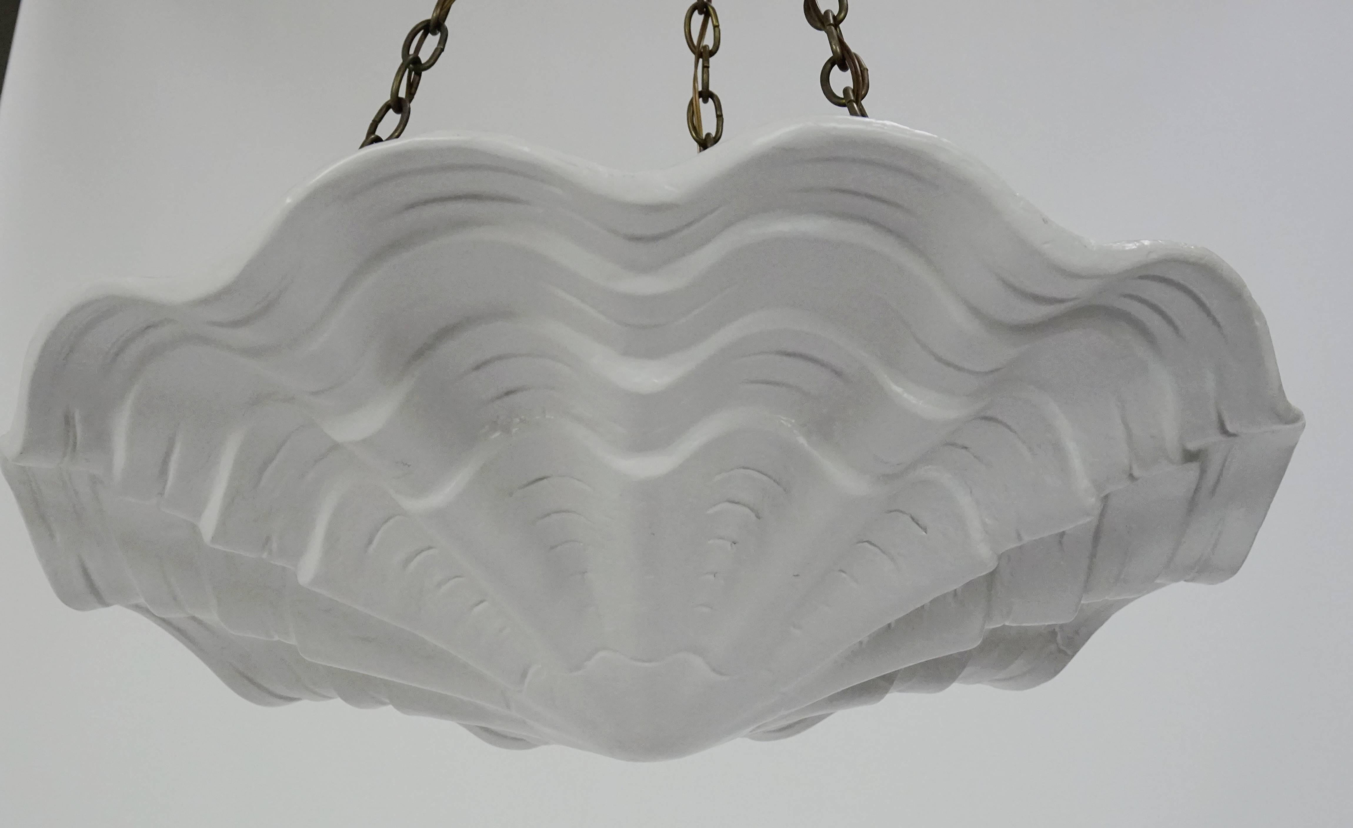 Large sized plaster shell pendant light fashioned after Frances Elkins' design. Newly rewired, UL listing available for an additional fee.