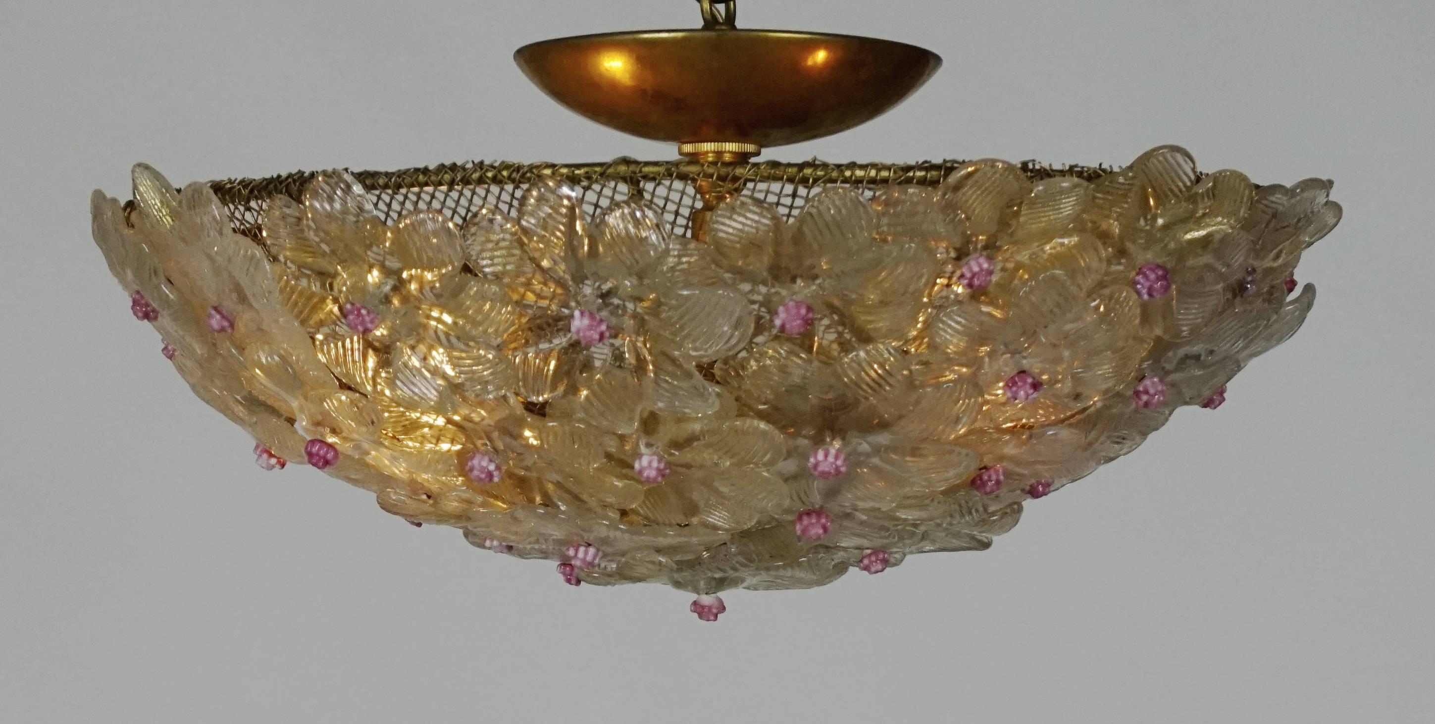 Mid-20th Century Floral Pink Accent Flush Mount