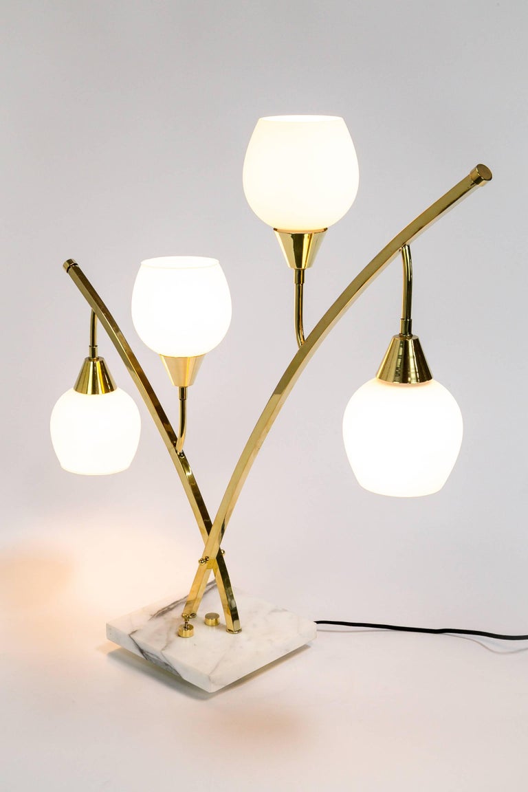 Expansive Narrow Brass and Marble MidCentury 4Light Table Lamps w
