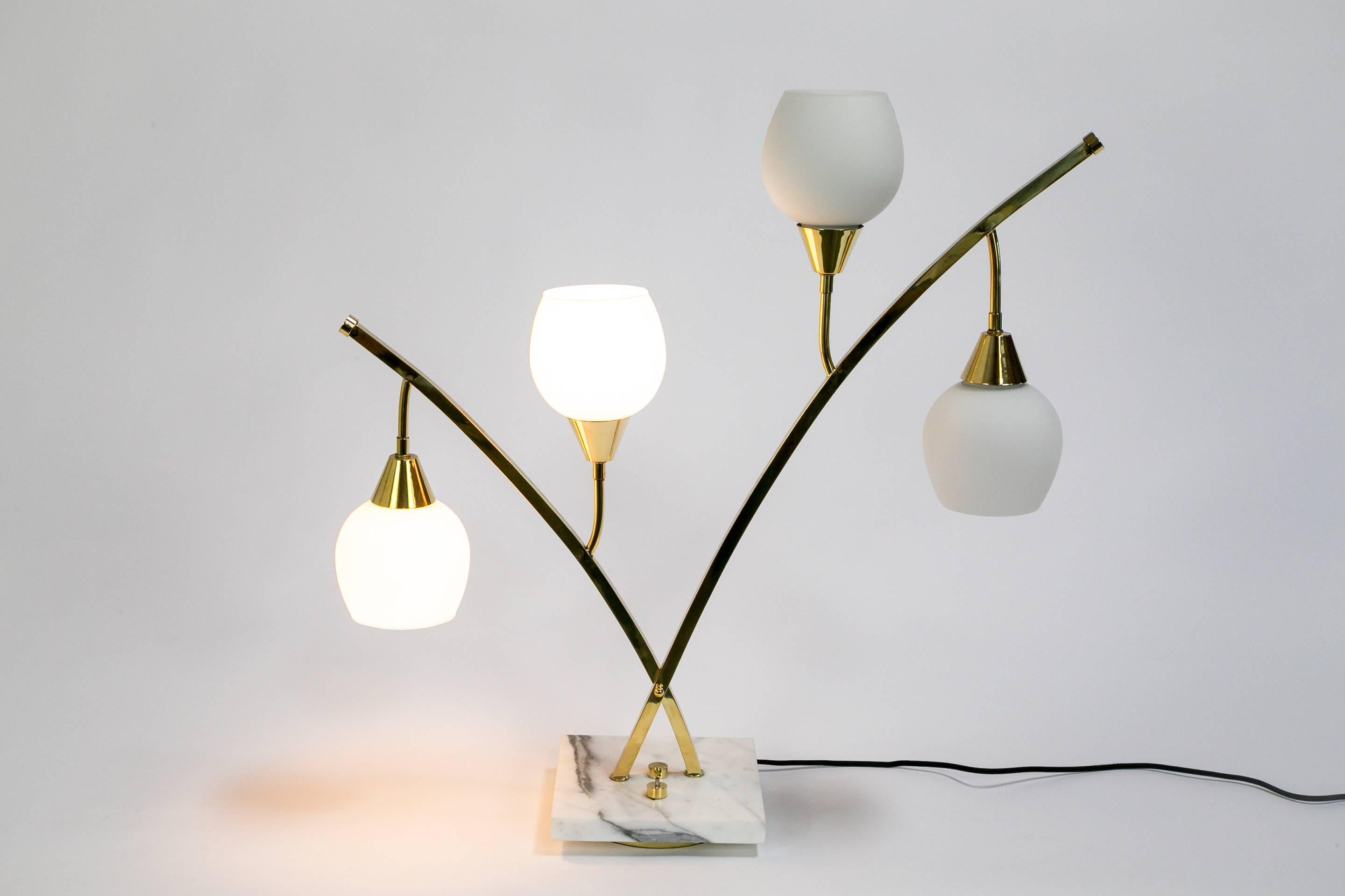 Expansive Narrow Brass & Marble Mid-Century 4-Light Table Lamps w/ Glass Shades For Sale 1
